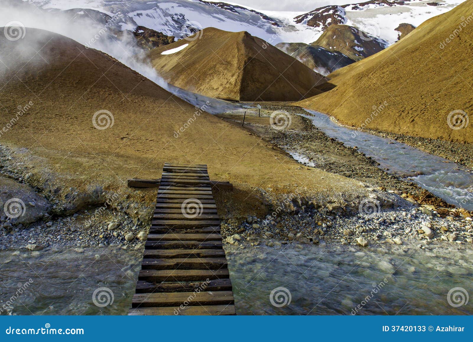 Footbridge przez strumienia w Kerlingarfjoll. Widok wzdłuż drewnianego footbridge jasnego strumienia w jałowej i parnej geotermicznej dolinie z śniegiem skrzyżowania zakrywał zbocza góry w odległości