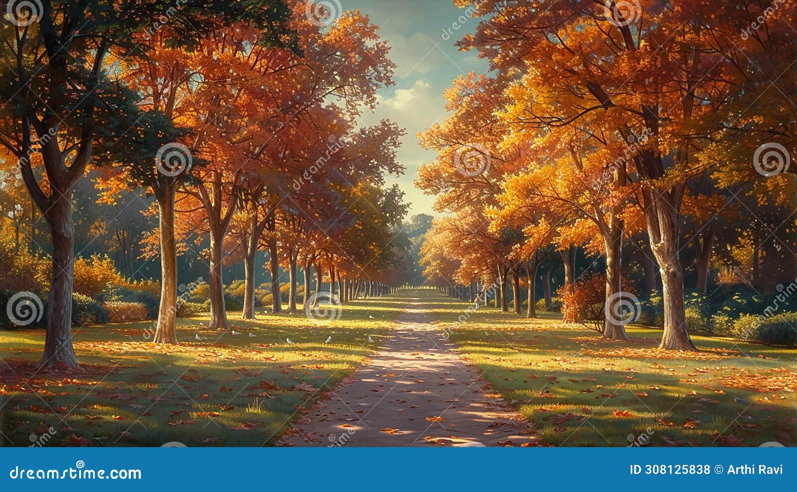 a footpath meanders through manicured lawns and groves of trees ablaze with fall colors