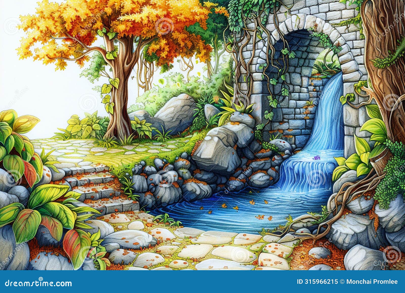 the force of a gravity well warps the path of a cascade through historic dynasty grounds