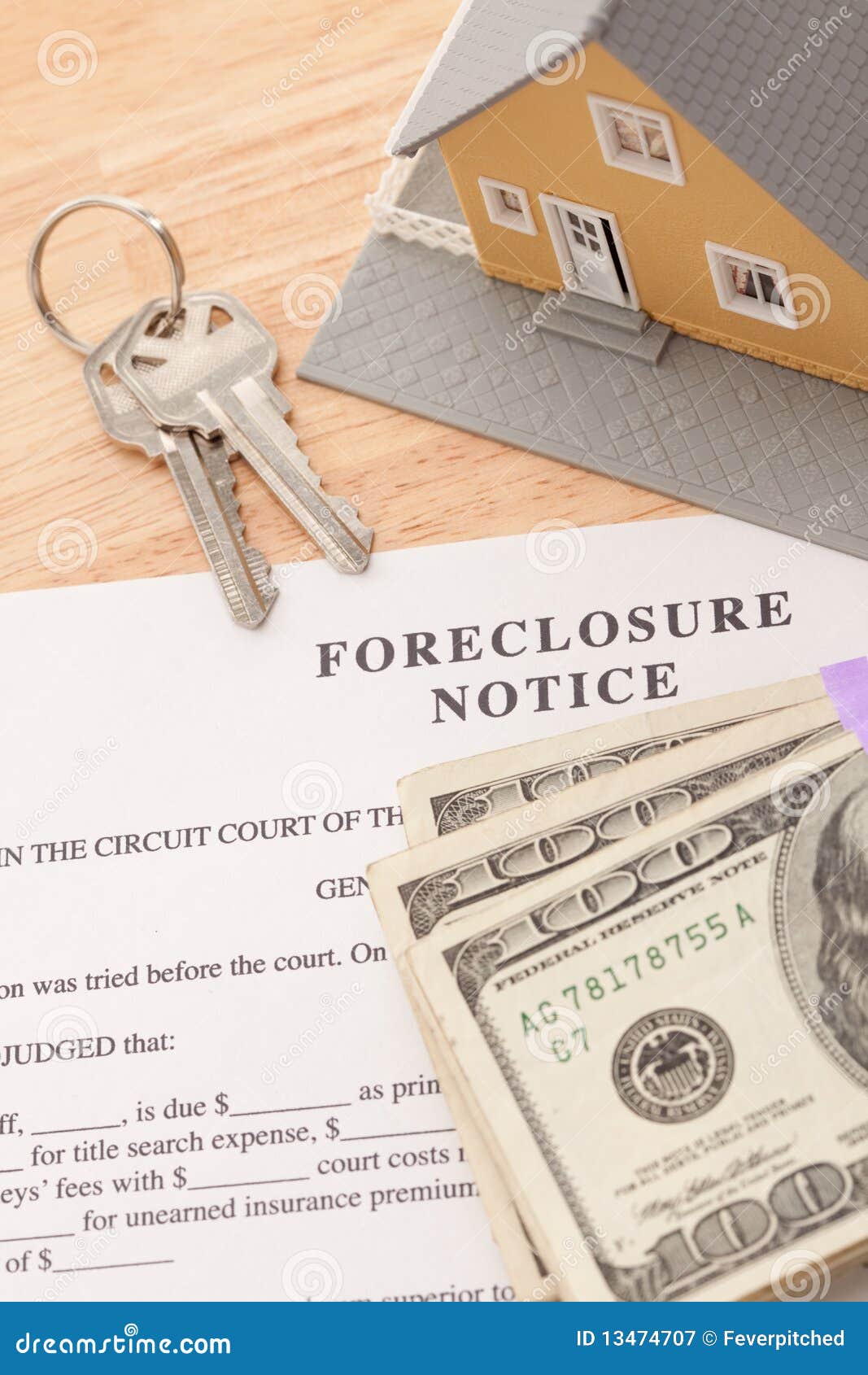 foreclosure notice, home, house keys and money