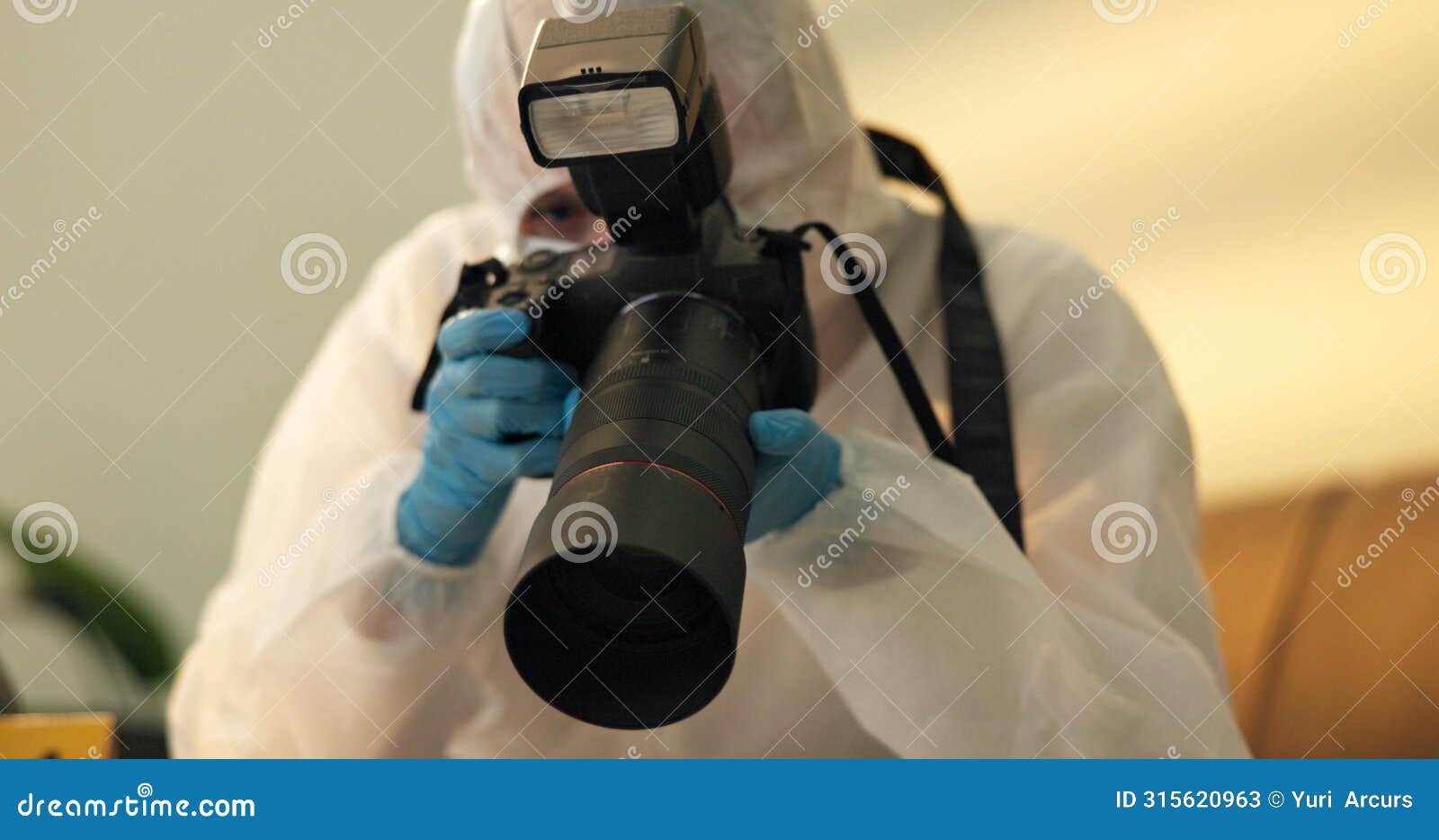 forensic, photographer and csi at crime scene for investigation of house burglary or murder analysis. evidence, person