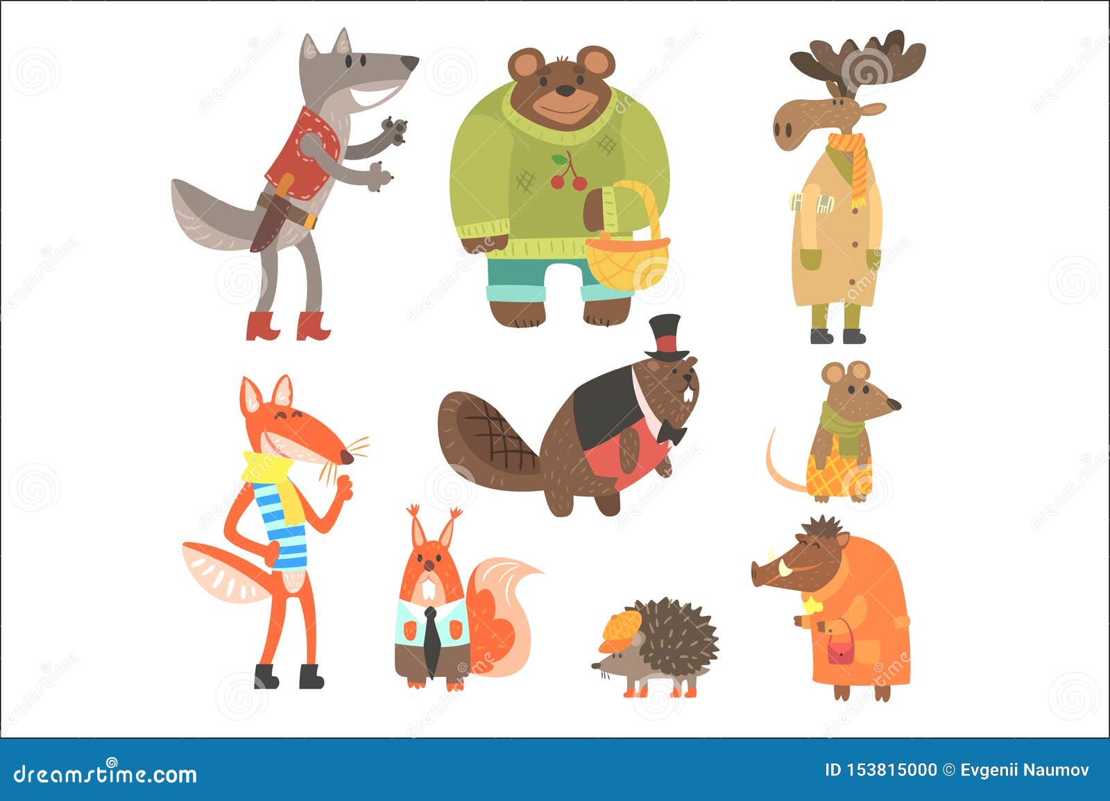 Forest Animals Dressed in Human Clothes Set of Illustrations Stock Vector -  Illustration of collection, funky: 153815000