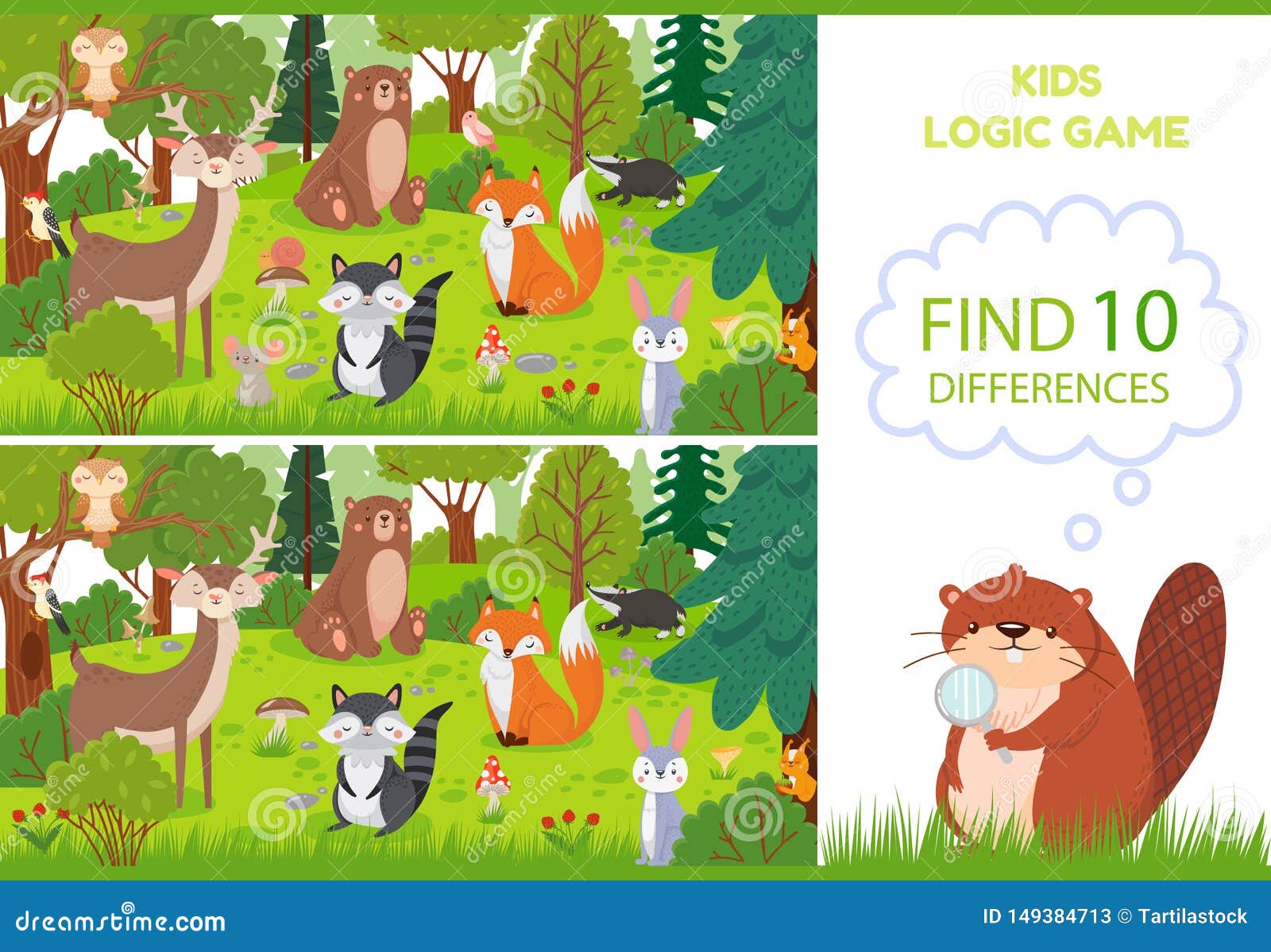找出两个相同的卡通野生动物教育任务插画图片素材_ID:415358450-Veer图库