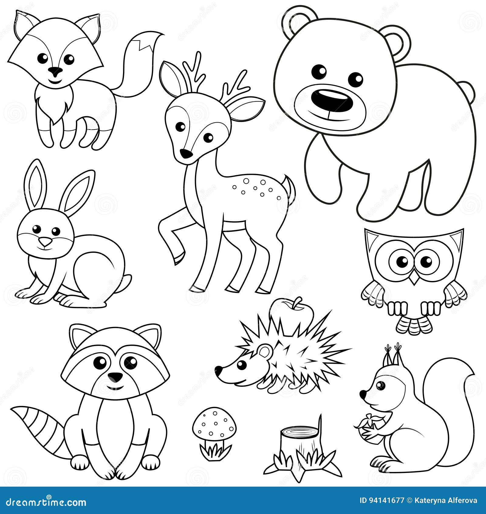 forest animals. fox, bear, raccon, hare, deer, owl, hedgehog, squirrel, agaric and tree stump. black and white  