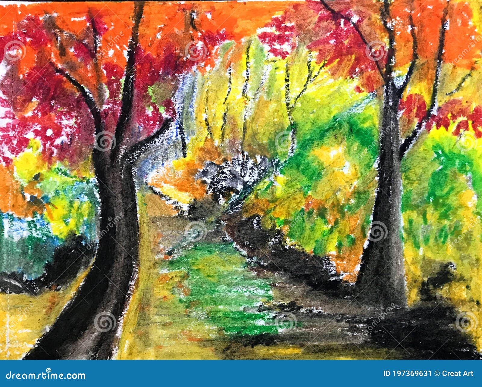 Background Autmn Trees and Flowers Oil Pastel Painting Stock Image - Image of paintings, painting: 197369631