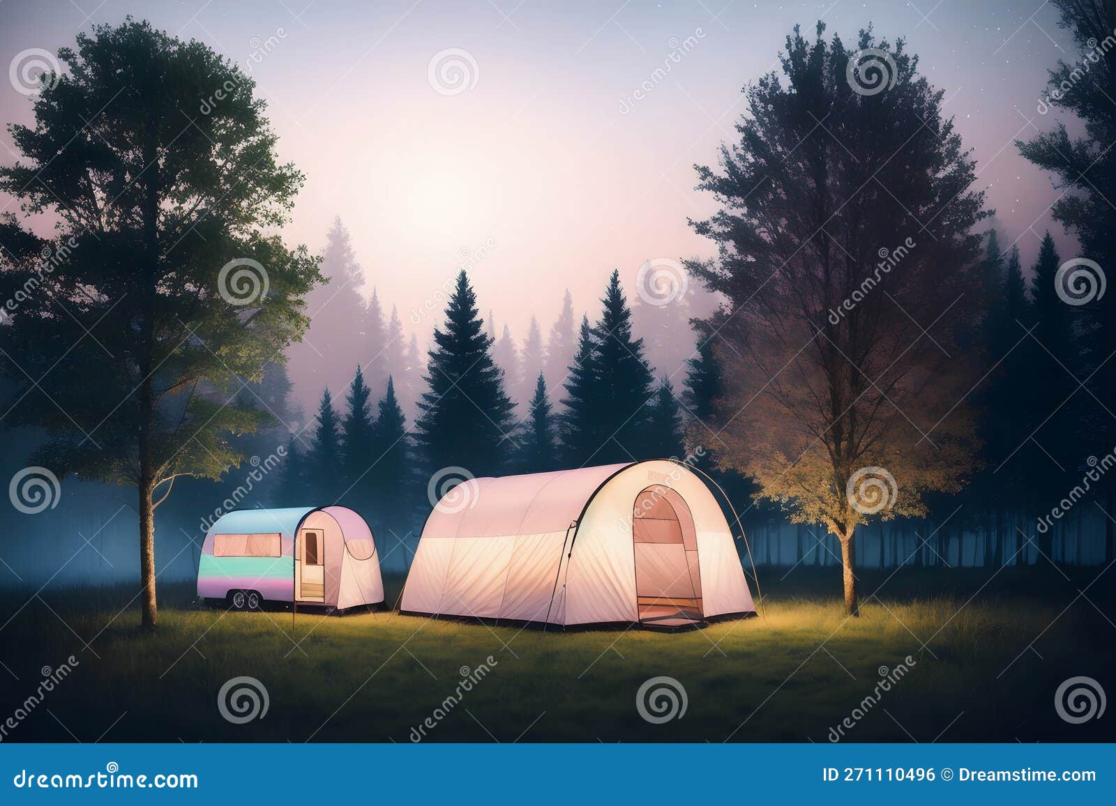 Forest Camping Illustration with Fire in the Wild Ai Generated Stock