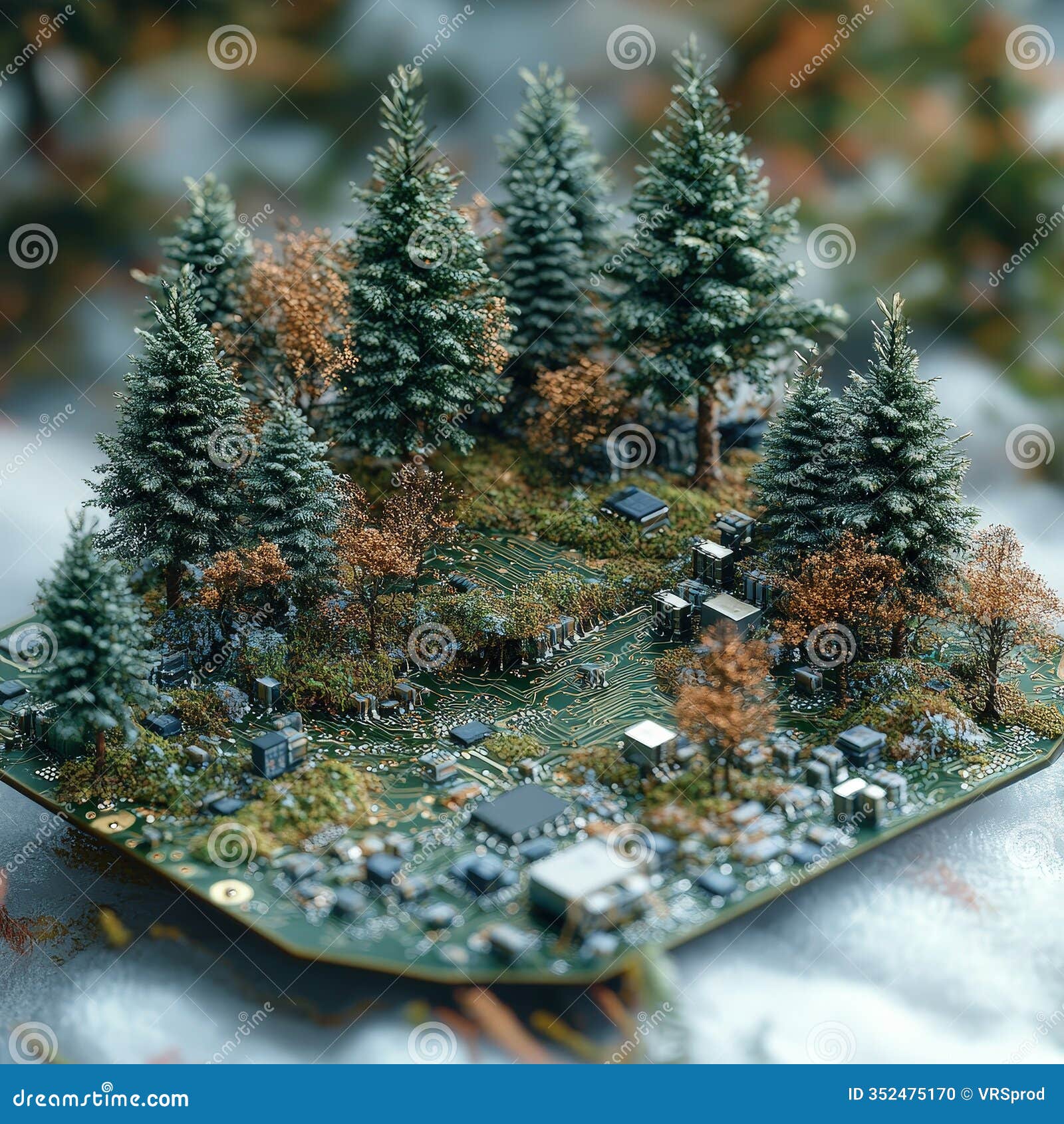 forest with circuit board details in autumn tones