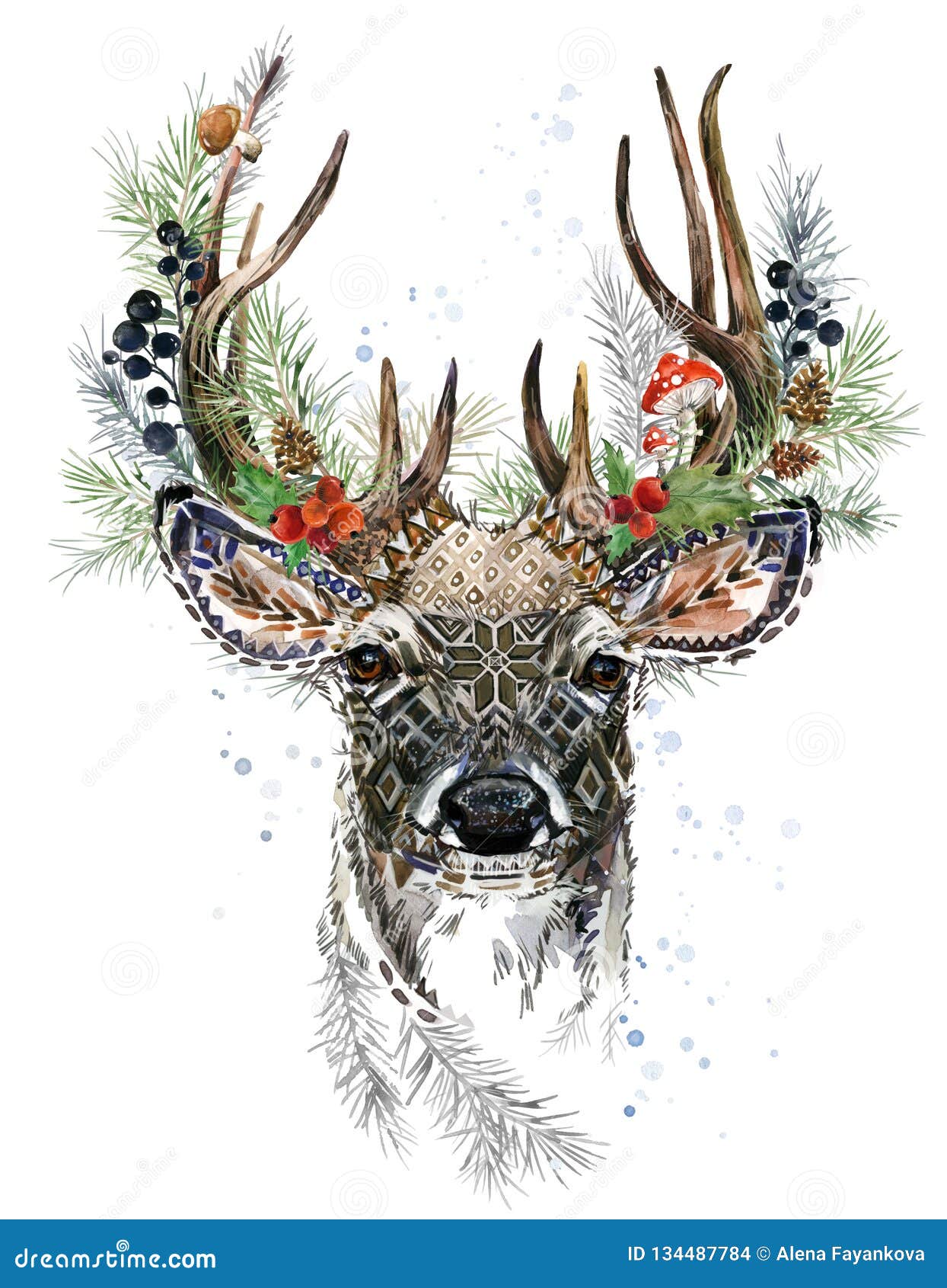 Forest Deer Watercolor Illustration. Christmas Reindeer. Winter