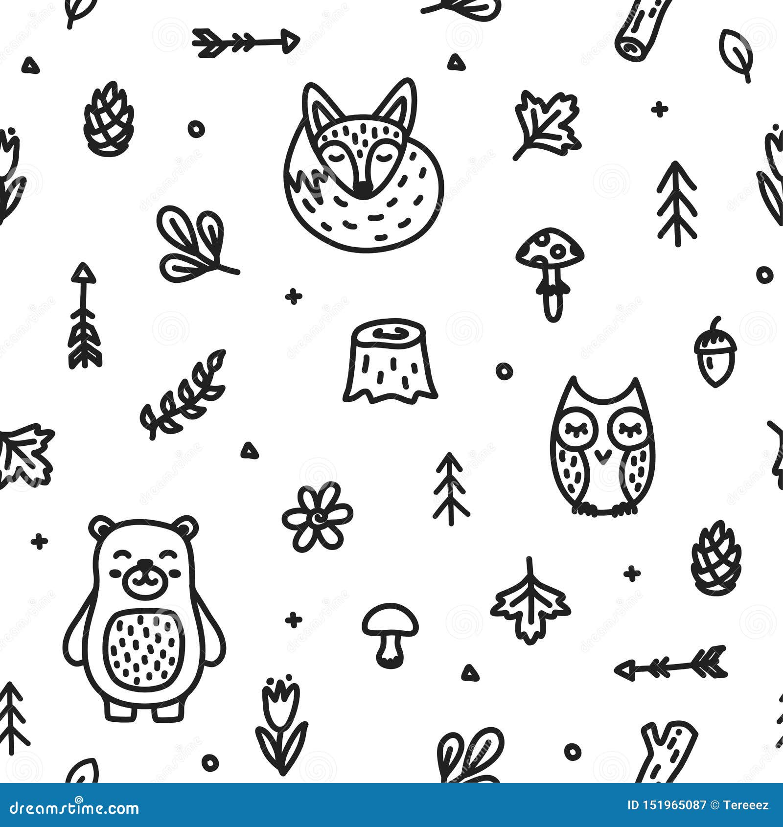 Forest Doodle Cute Animals Seamless Pattern Bear Fox Owl Stock Vector ...