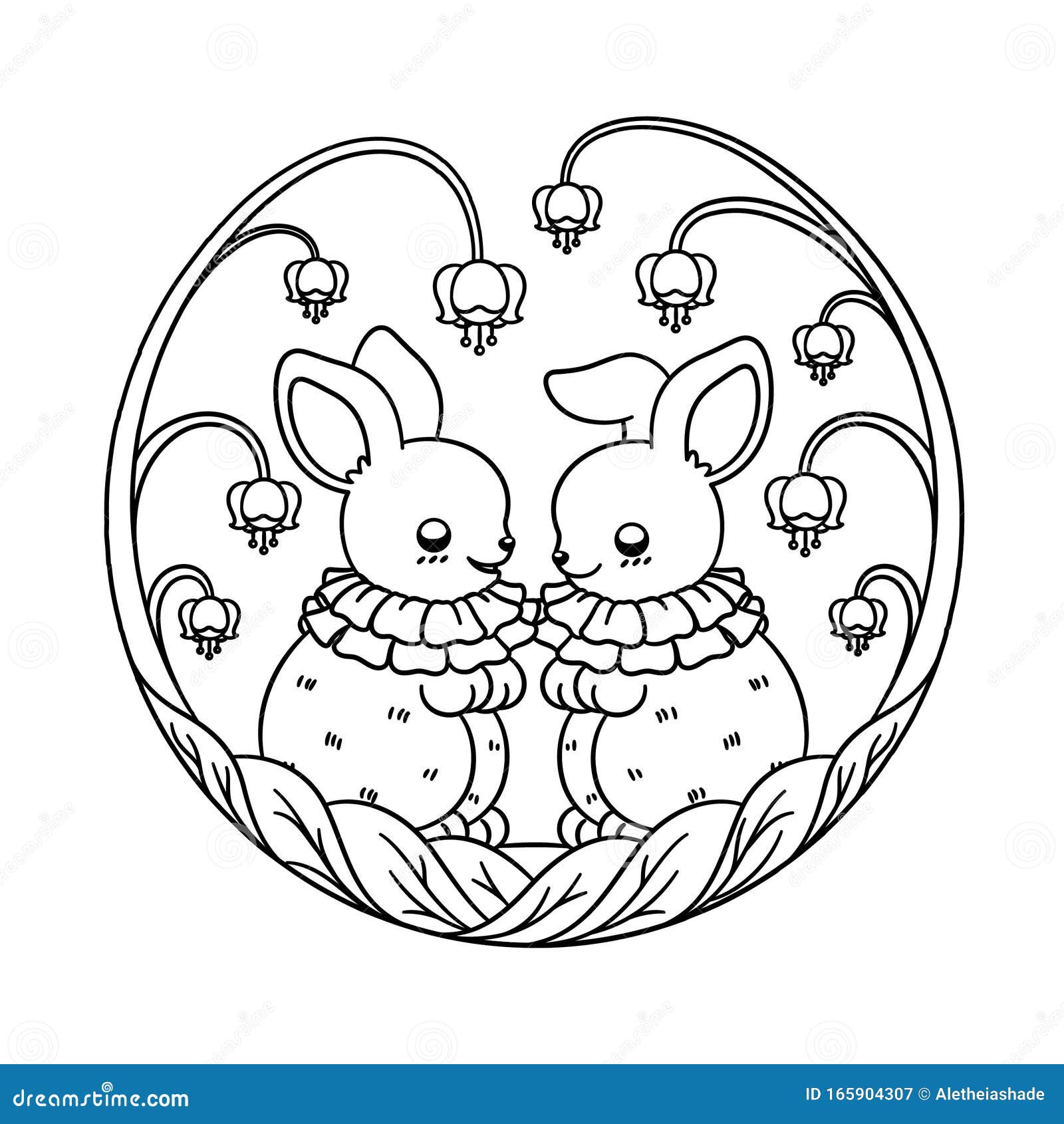 forest fantasy rabbit friends surrounded flowers and leaves vector illustration easter bunny printable coloring book page stock vector illustration of hare abstract 165904307