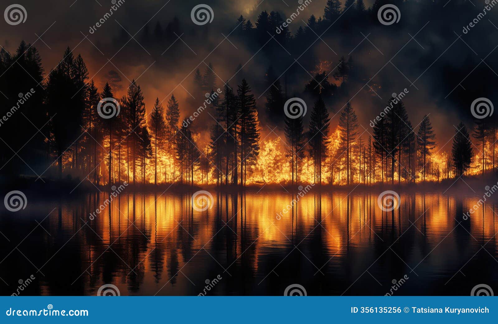 forest fire reflection in lake, dramatic flames engulfing trees, smoke rising, serene water surface mirroring chaos