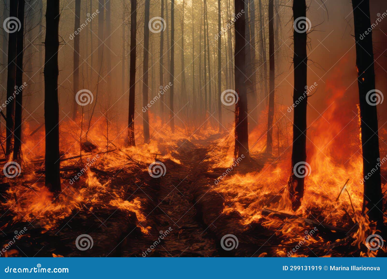 Forest Fire, Trees and Grass are Burning. Generative AI Stock Image