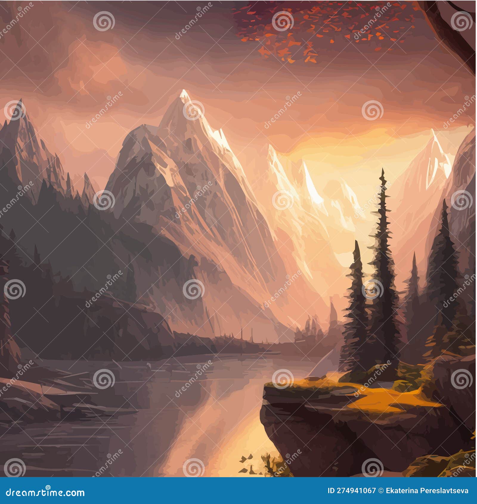 forest and mountains river landscape . foggy cloudy day 