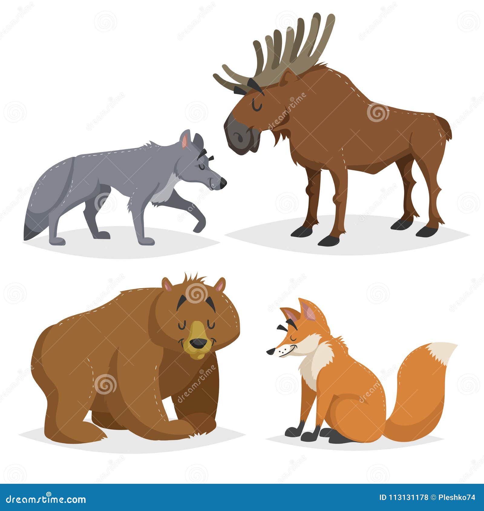 Forest North America and Europe Animals Set. Wolf, Moose, Bear and Red Fox.  Happy Smiling and Cheerful Characters Stock Vector - Illustration of  isolated, cute: 113131178