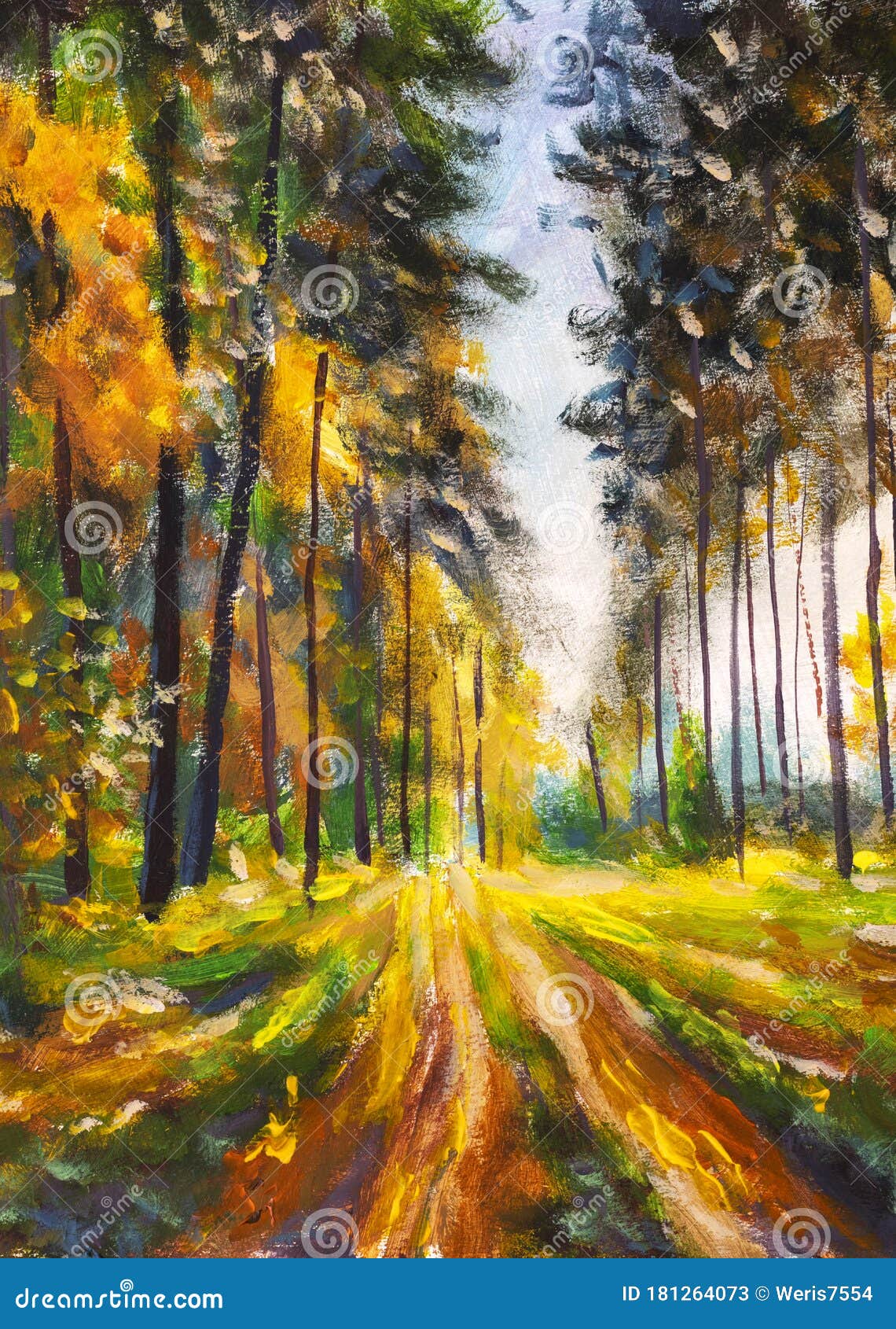 Sunset Forest Landscape Painting Park Trees Sun Rays Stock Image