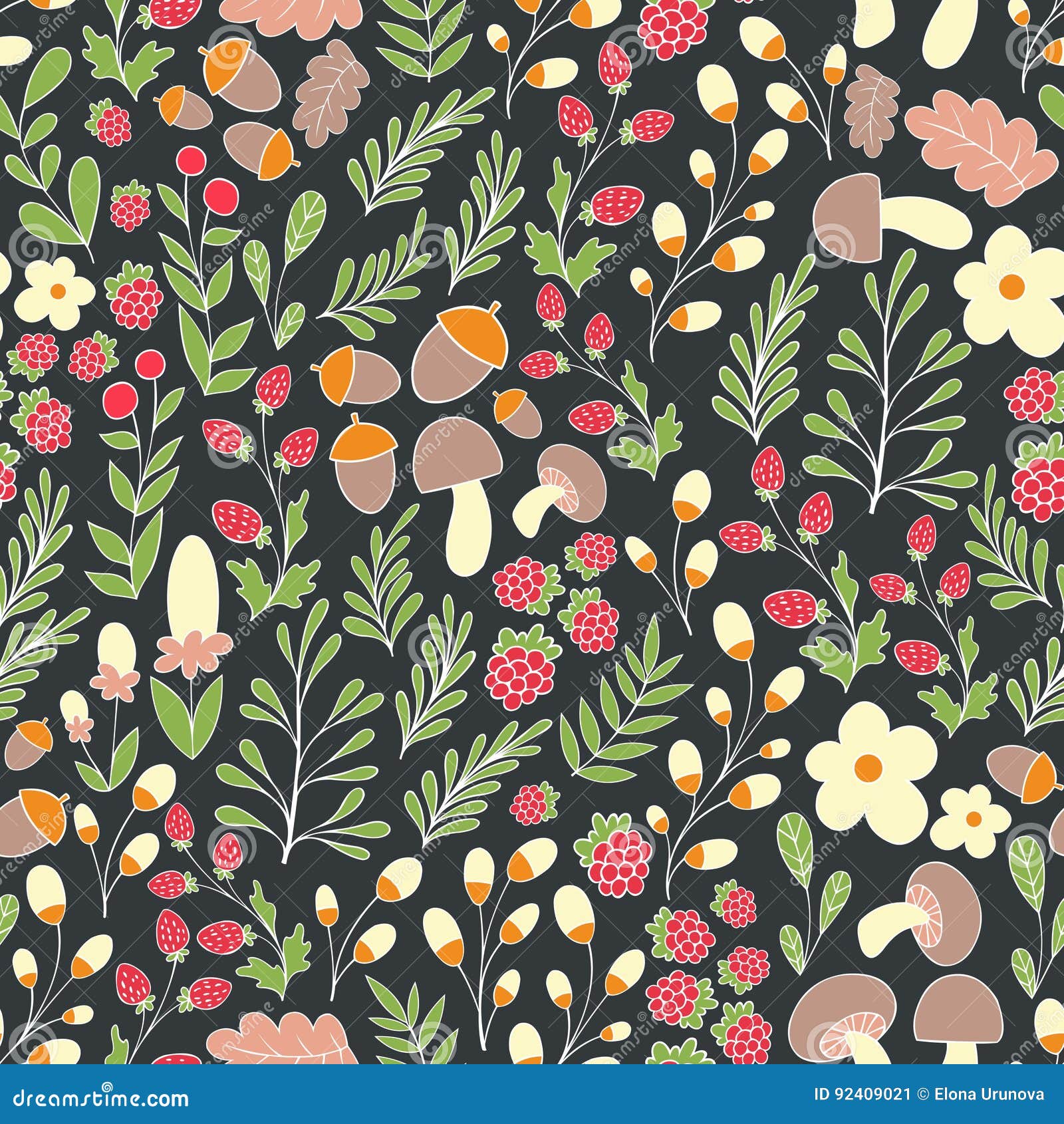 Forest Pattern. Vector Seamless Pattern with Flowers, Mushrooms and ...