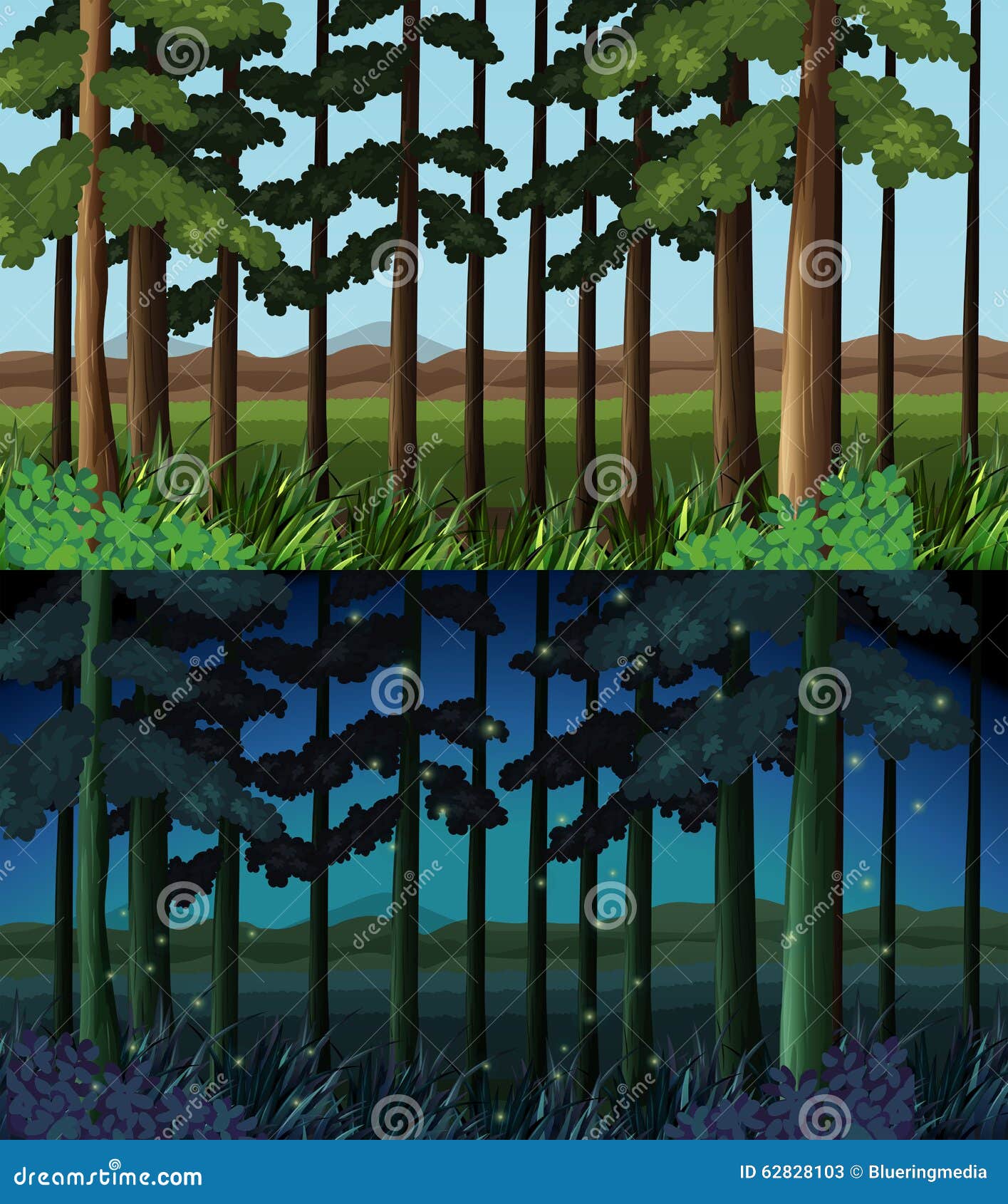 Forest Scene At Day Time And Night Time Stock Vector Illustration of