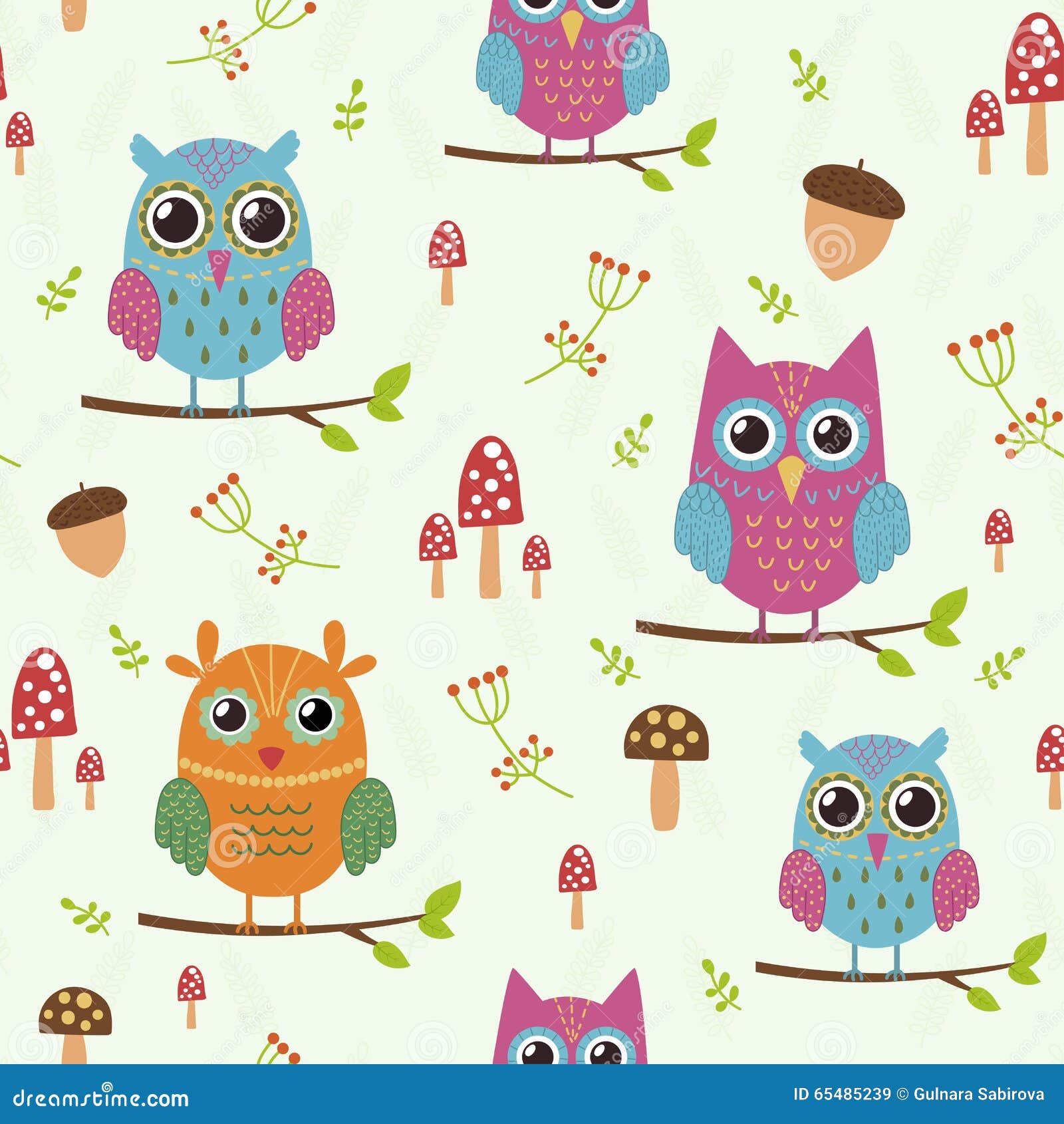 Forest Seamless Pattern With Cute Owls Vector Illustration Stock