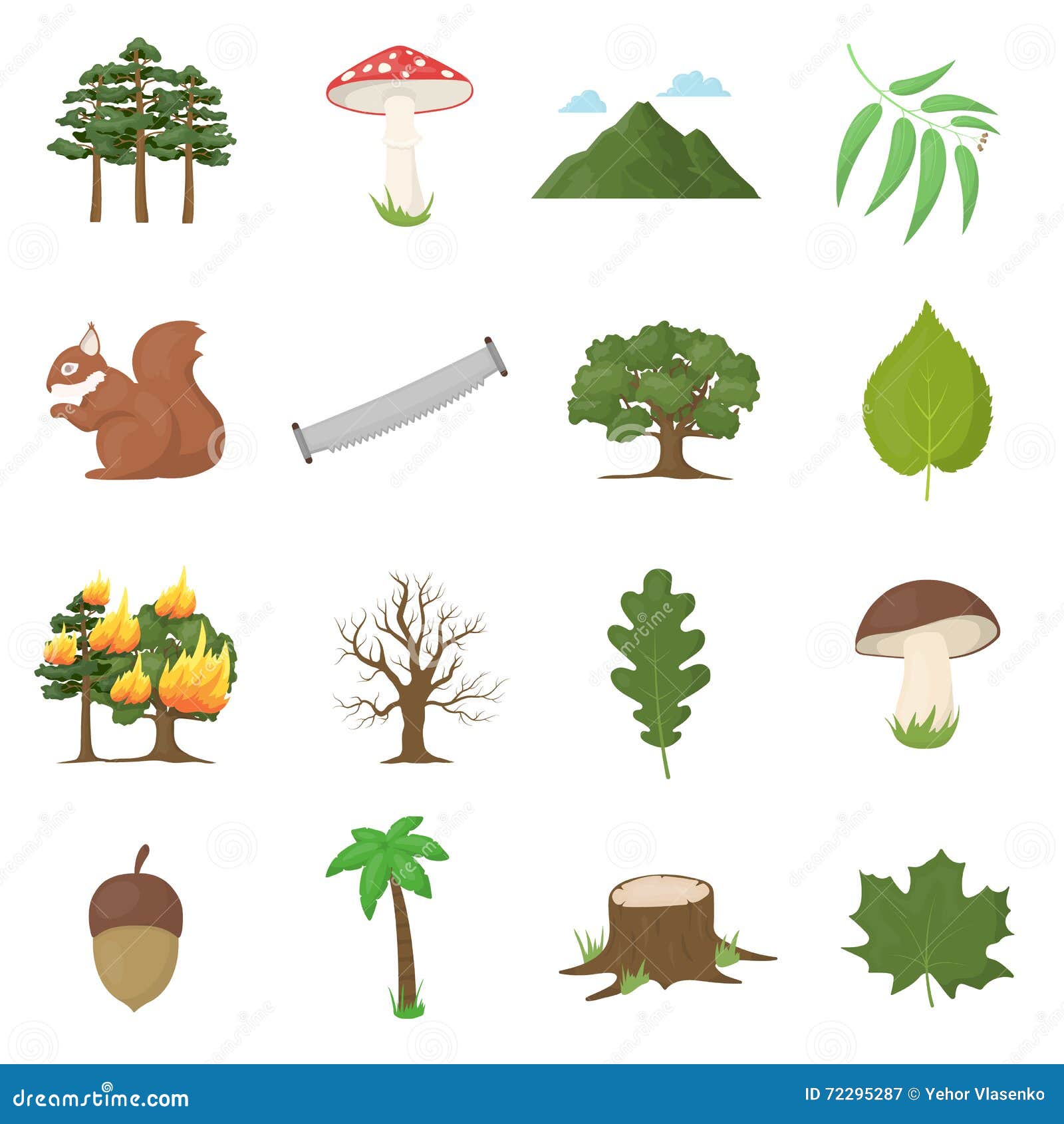 Forest 16 Vector Icons Set In Cartoon Style. Stock Vector