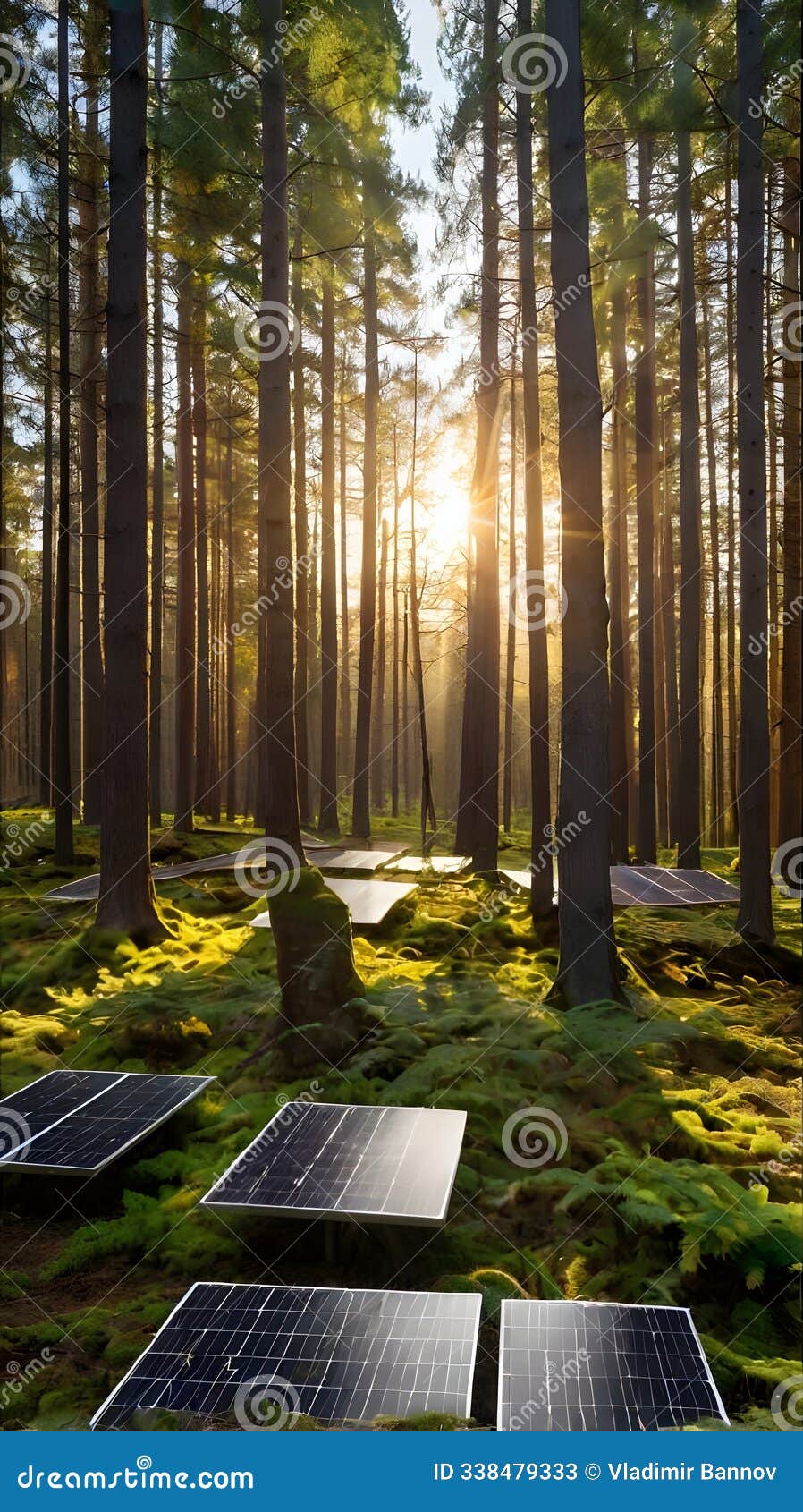 a forest where trees have evolved to grow solar panels instead of leaves