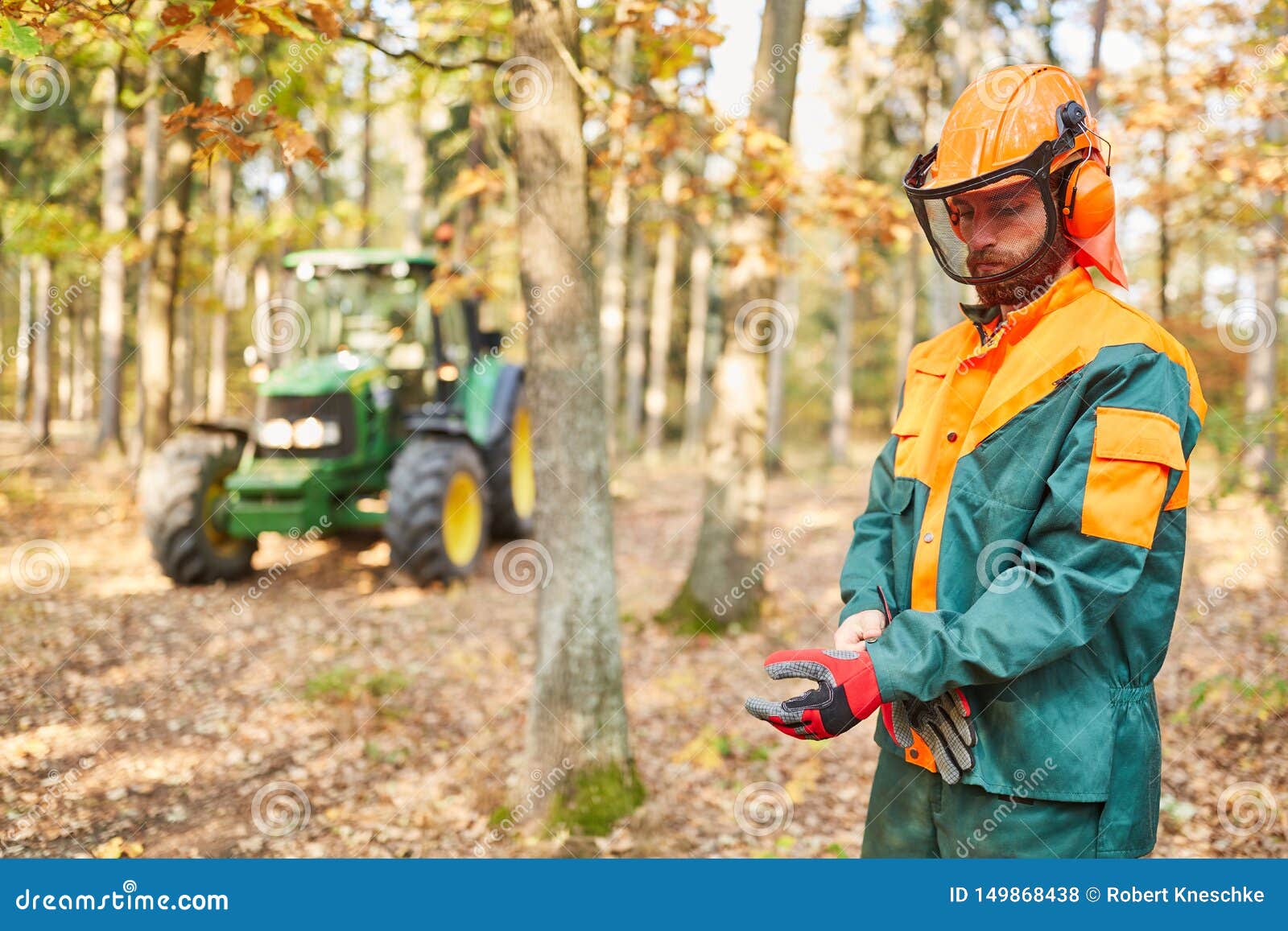 Forest Workers in Protective Equipment for Occupational Safety Stock Photo Image of tractor