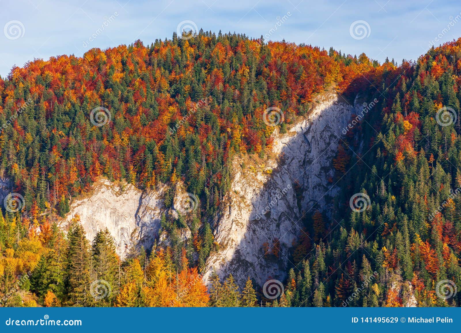 forested mountain with cliff in autumn