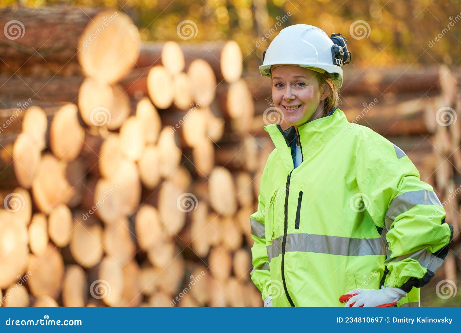forestry worker in protective workwear in front of wood lumber cut tree