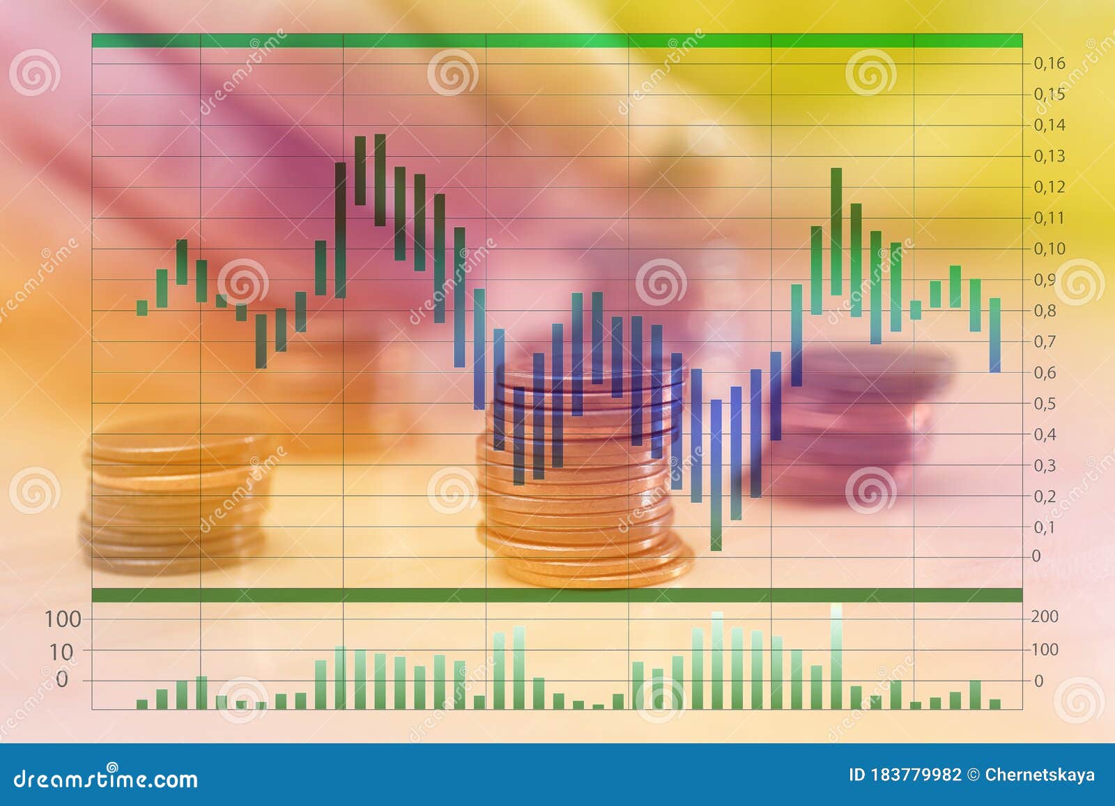 Forex Trading. Stack of Coins on Table, Chart Stock Photo Image of