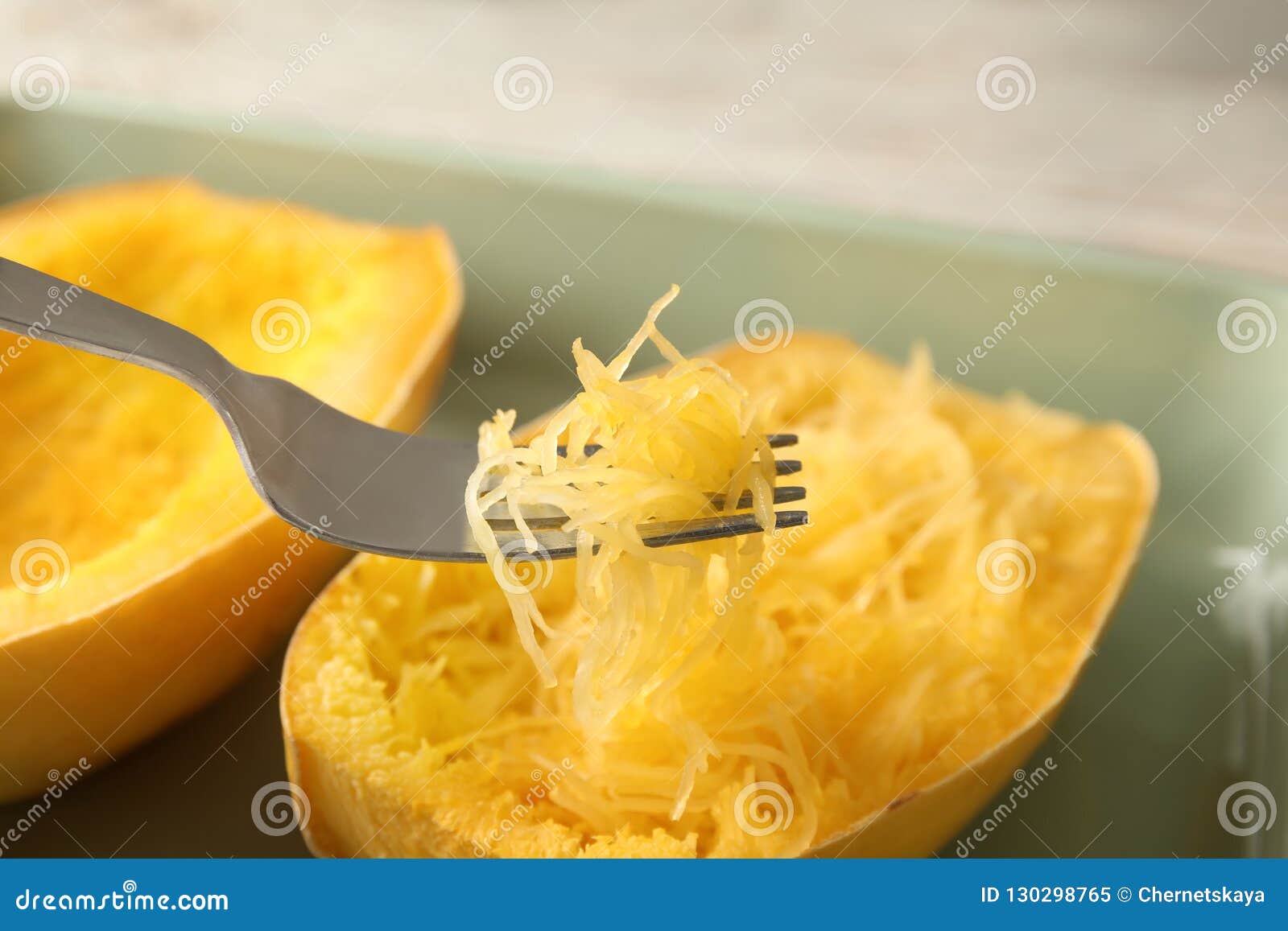 Fork With Flesh Over Cooked Spaghetti Squash In Baking Dish Stock Image Image Of Nutrition Fork