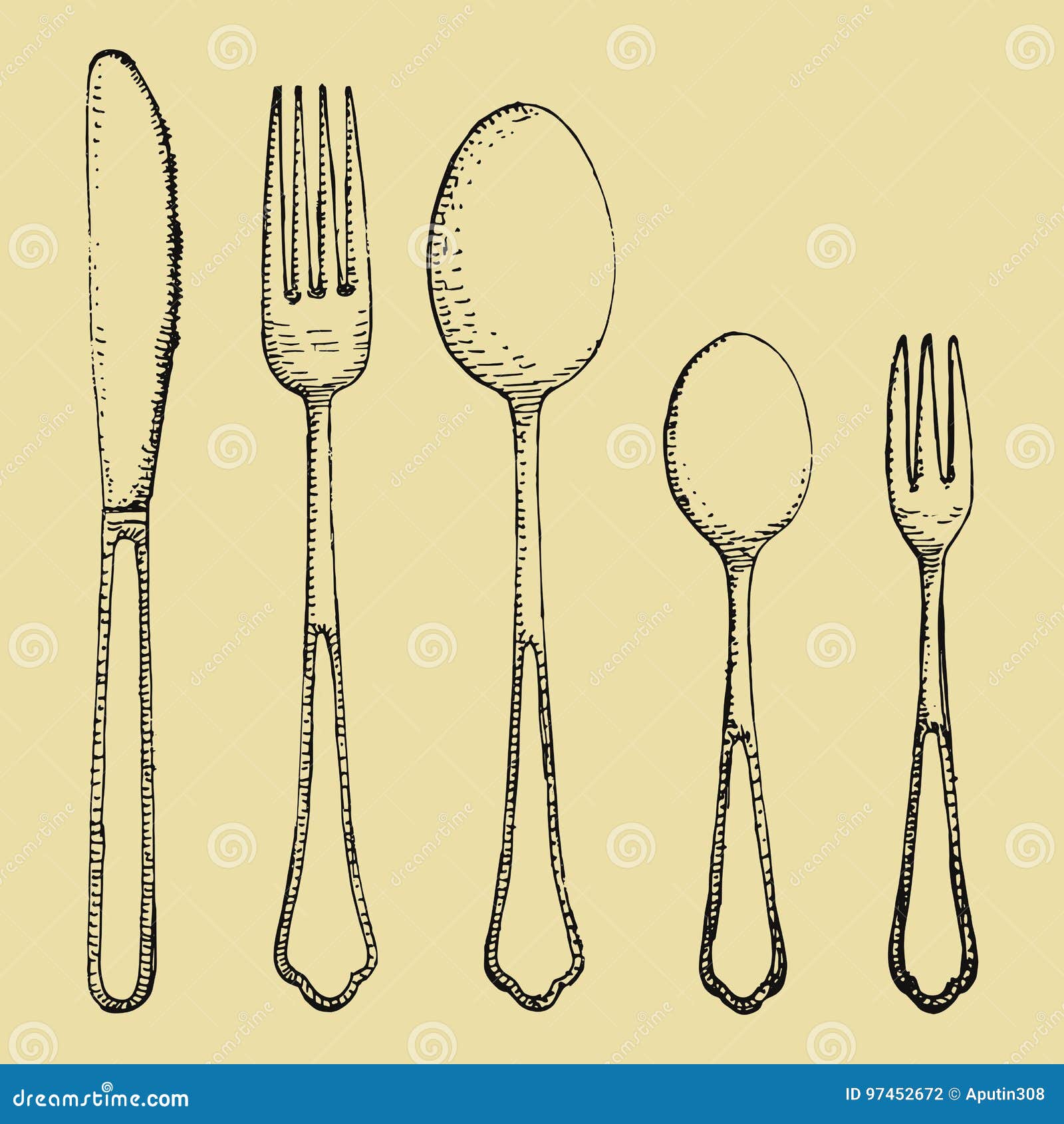 Fork Spoons and Knife Hand Drawing. Vector Sketch Stock Vector