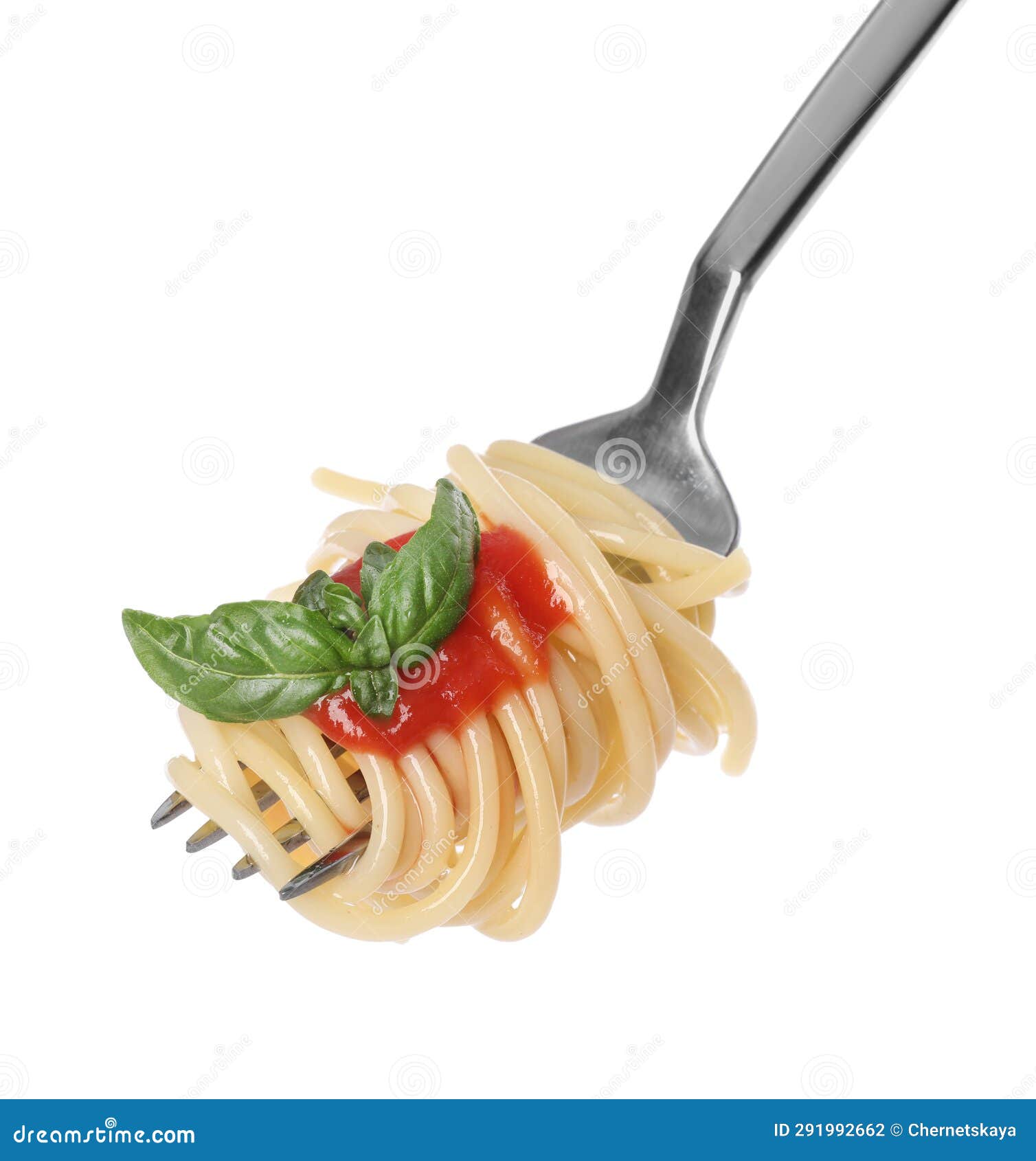 Fork with Tasty Pasta, Basil and Tomato Sauce Isolated on White Stock