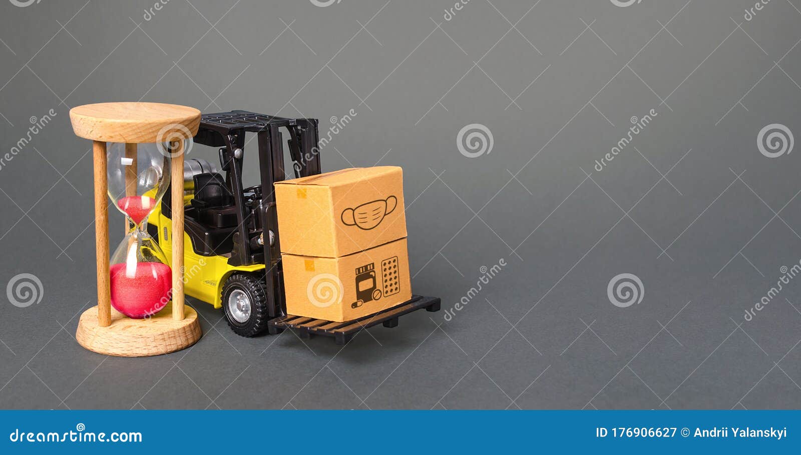 forklift with boxes and hourglass. urgent delivery of medicines and medical protective masks. supply hospitals and populations to