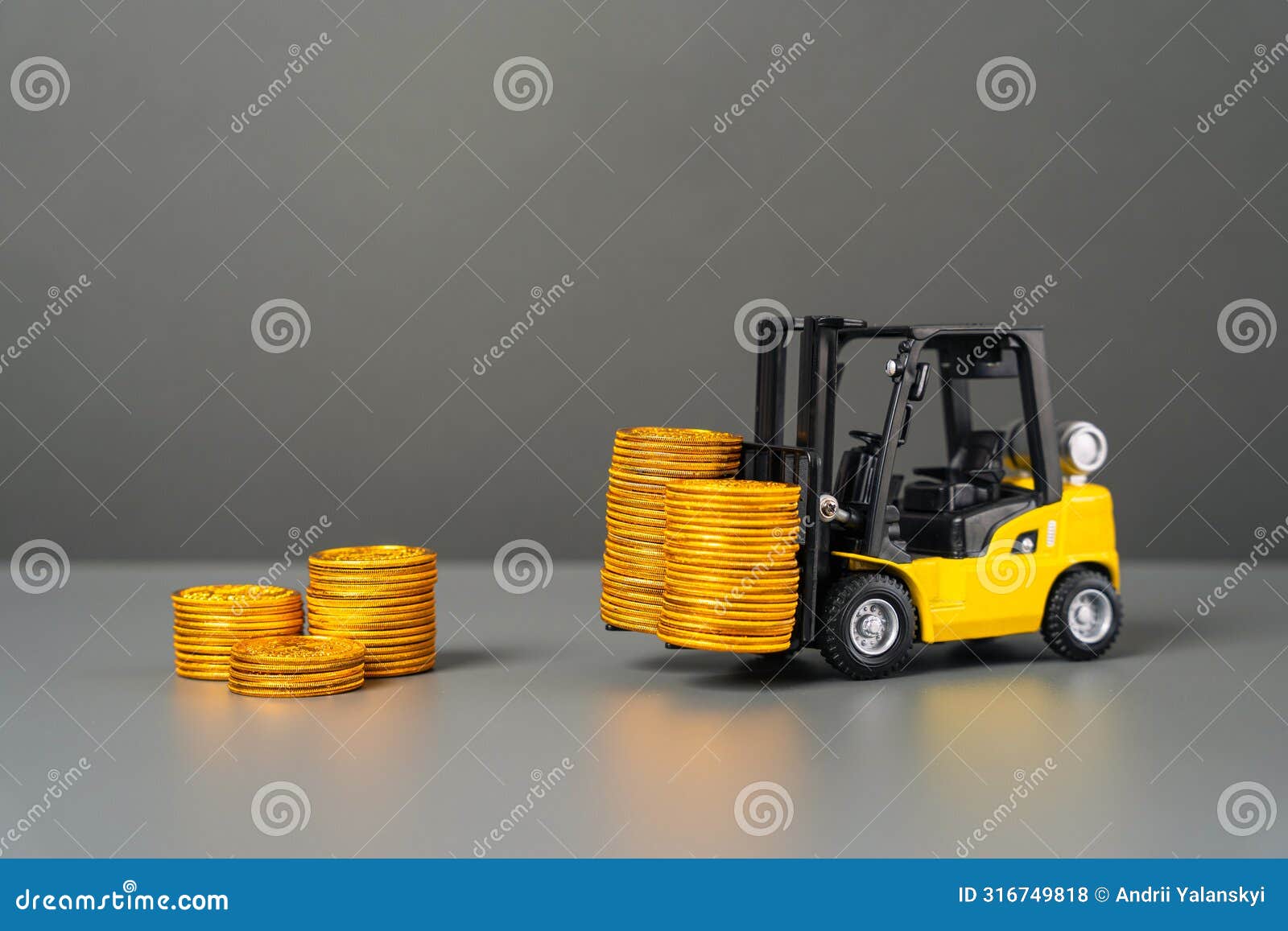 a forklift brings cash coins. attracting investments.