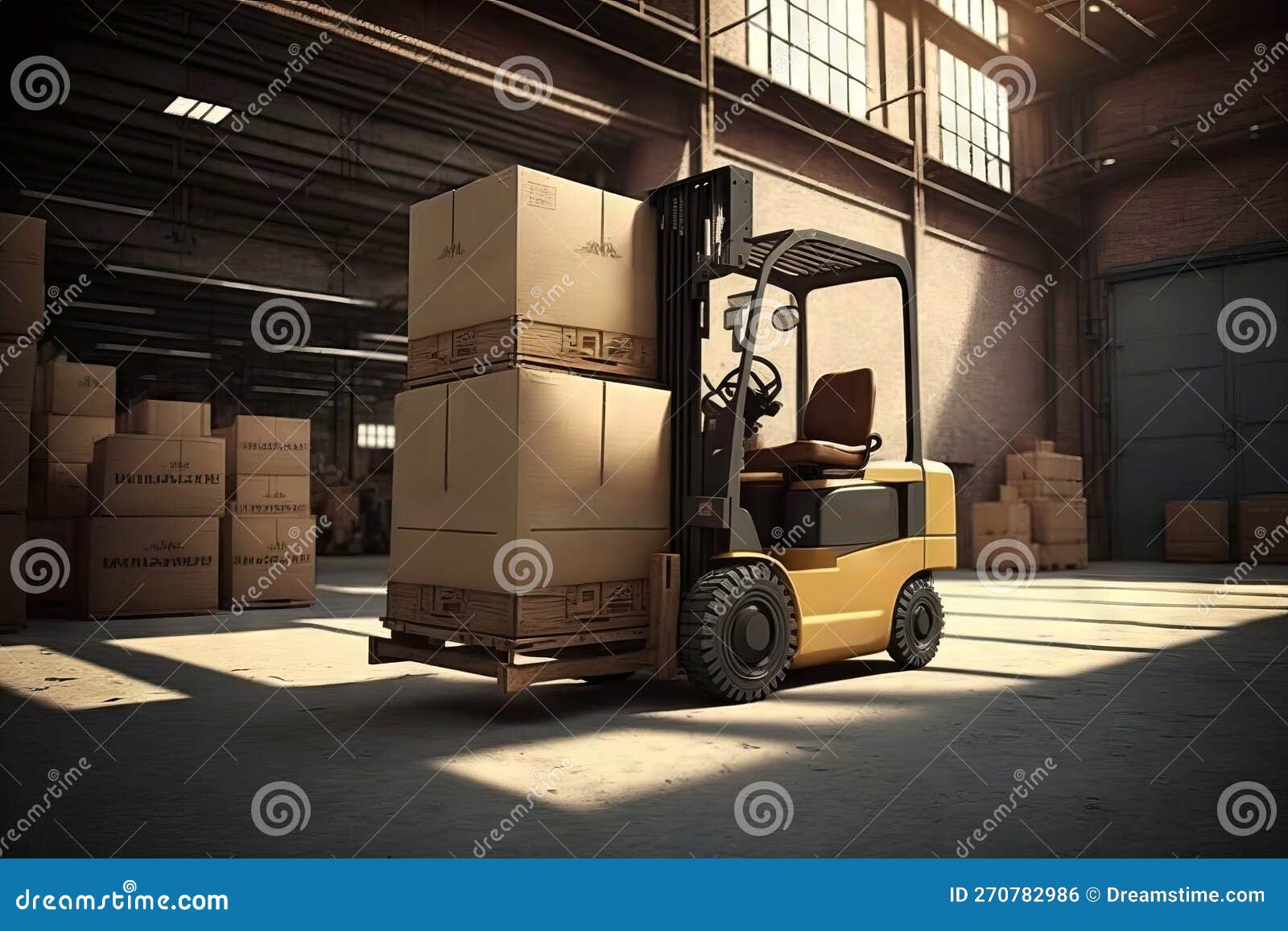 Forklift with Cardboard Boxes in Warehouse. Generative AI Stock