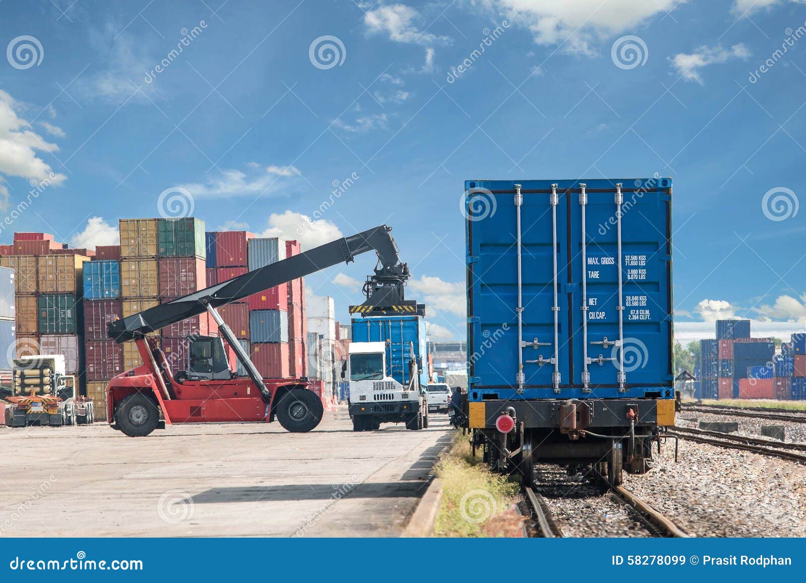 forklift handling container box loading to freight train