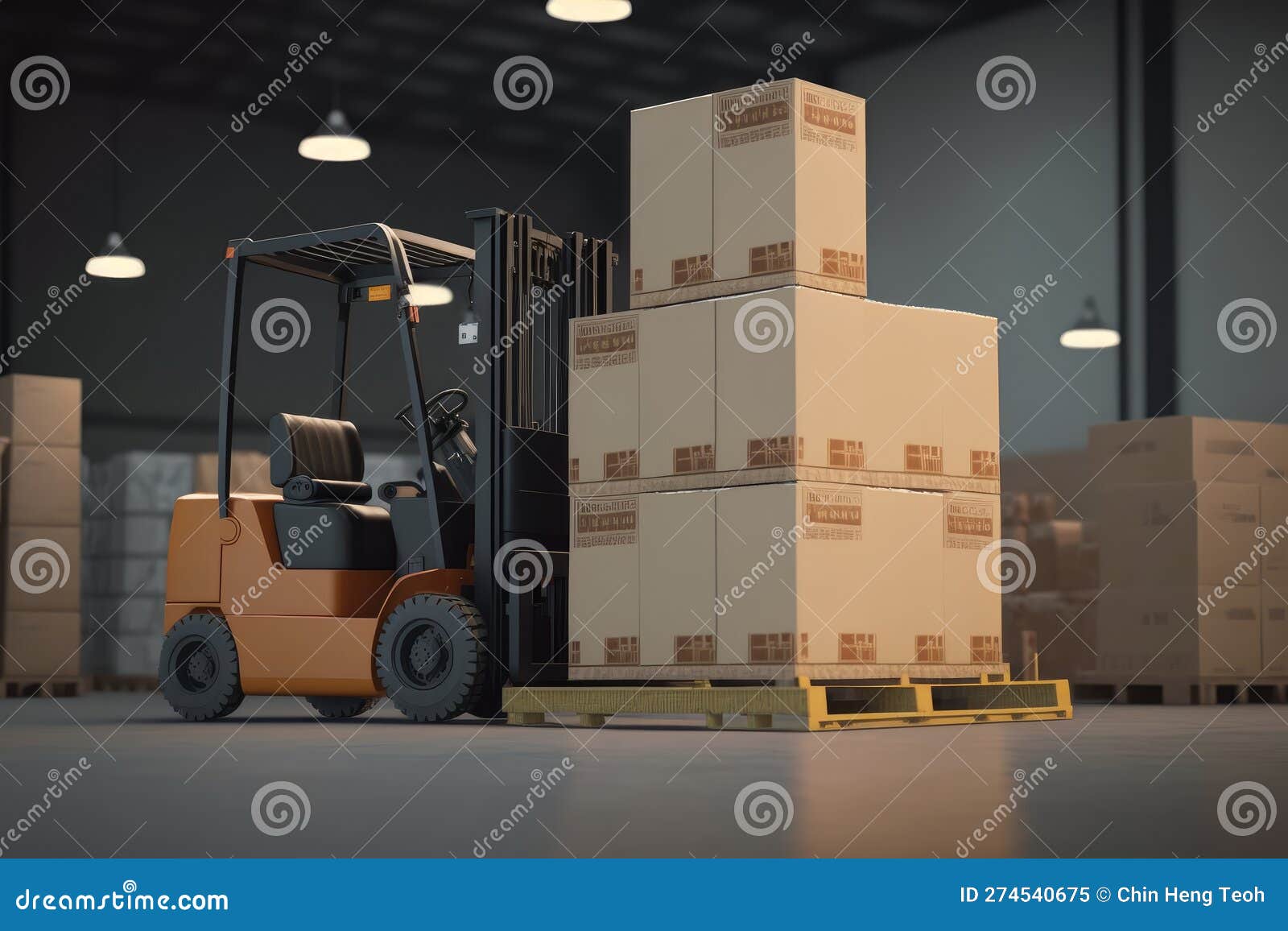 Forklift Loader with Cardboard Boxes in Warehouse. Generative AI Stock