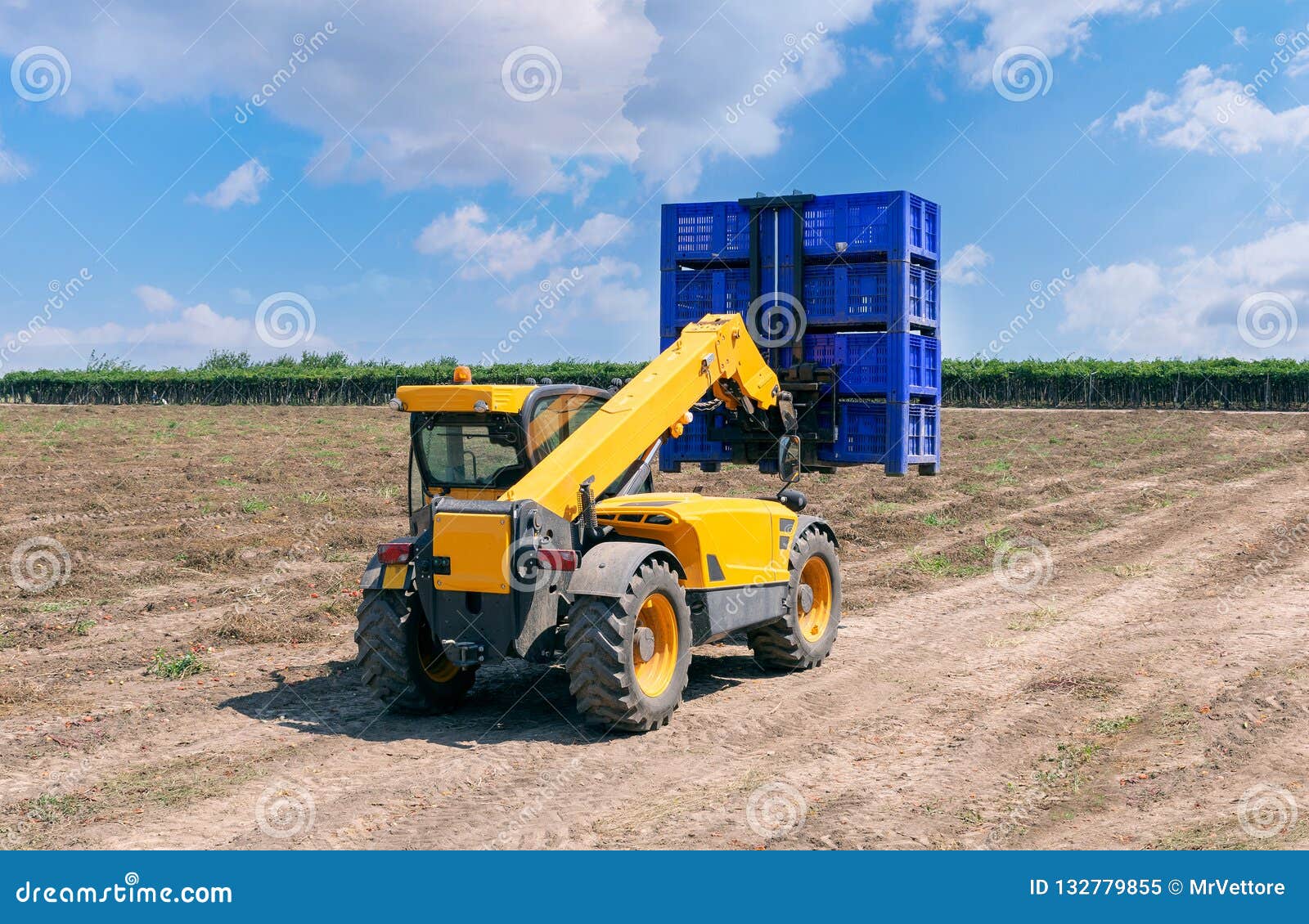 forklift loader loads plastic containers outdoor.