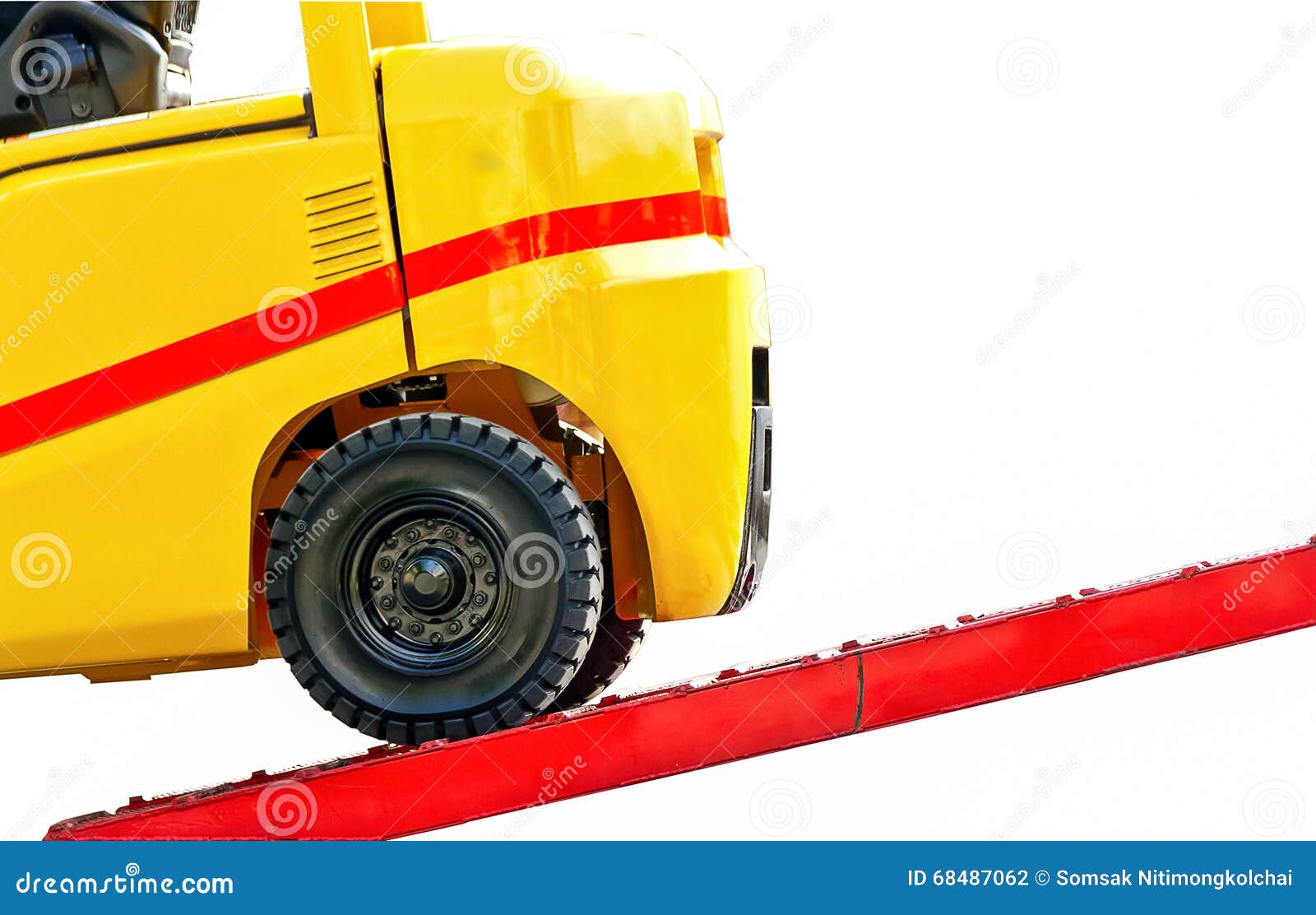 Forklift on Loading Dock Close Up Isolated on White Background Stock