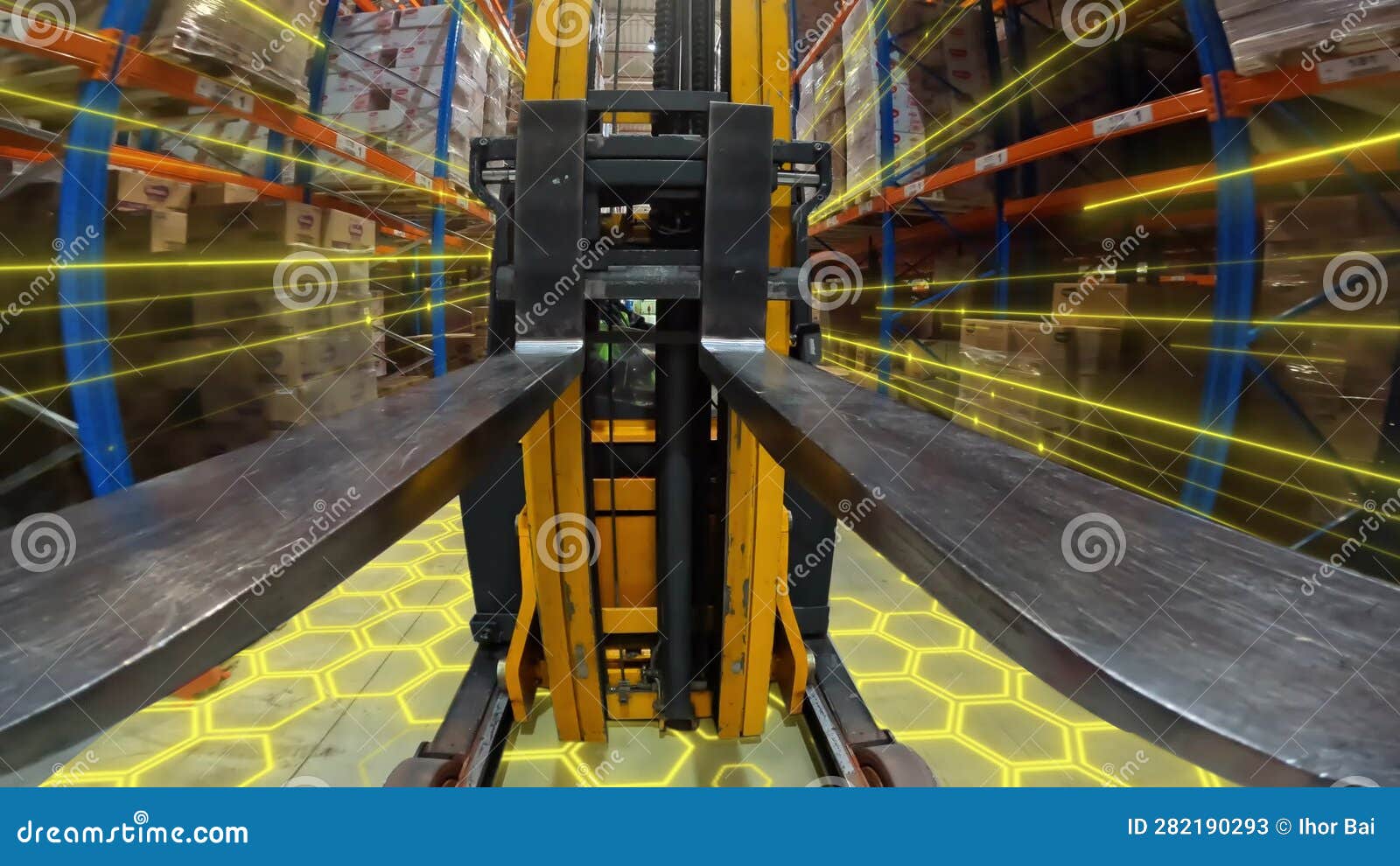 Forklift in a Modern Warehouse. Forklift in the Warehouse Concept. Work