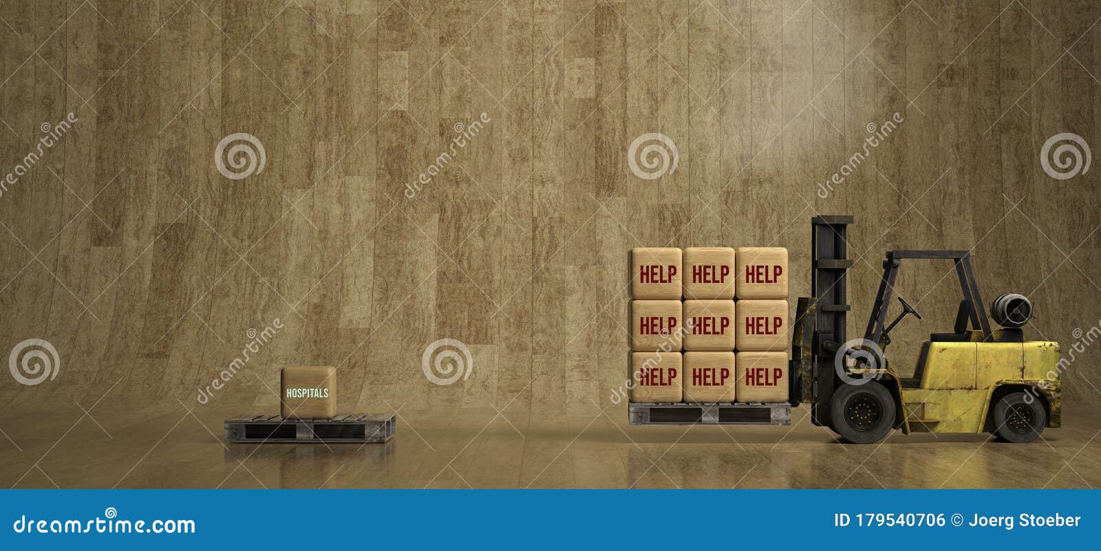 forklift moving boxes with message help to a box with text hospitals - 3d rendered 