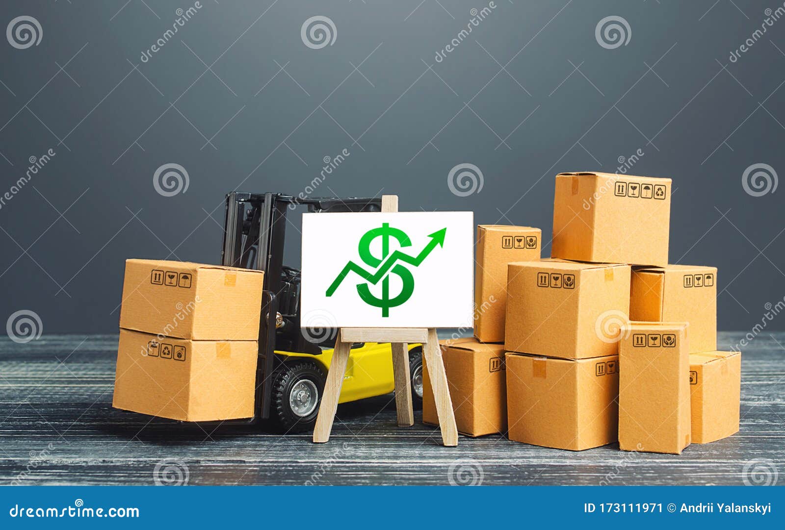 Forklift Near Boxes And Easel With Green Dollar Arrow Up Growth Trade And Production Rates Increased Sales Economic Growth Stock Image Image Of Manufactory Boxes 173111971