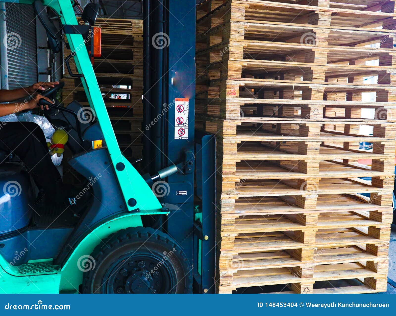 Forklift Operator Handling Wooden Pallets In Warehouse Cargo For Transportation To Customer Factory Stock Photo Image Of Platform Indoors 148453404