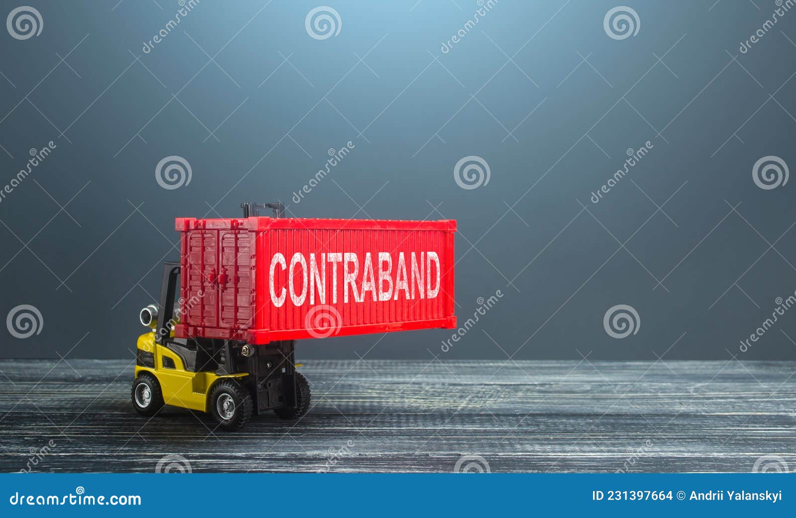 a forklift truck carries a red container contraband. transportation of illegal prohibited goods. border control, high corruption