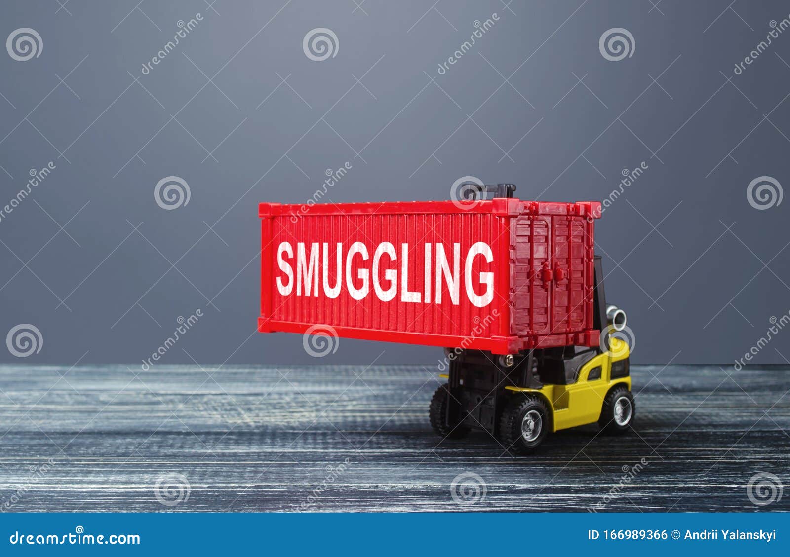 a forklift truck carries a red container labeled smuggling. transportation of illegal prohibited goods. border control, high