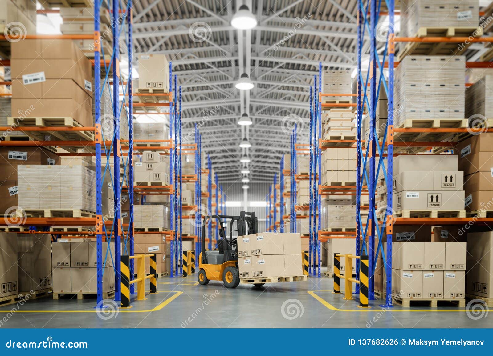 forklift truck in warehouse or storage and shelves with cardboard boxes