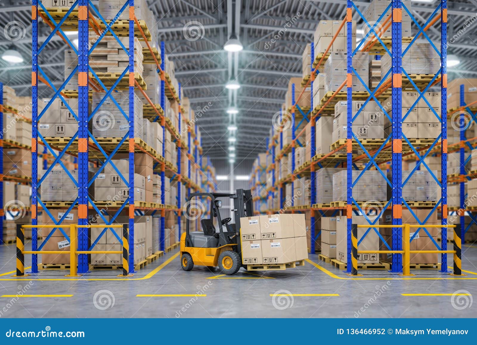 forklift truck in warehouse or storage and shelves with cardboard boxes