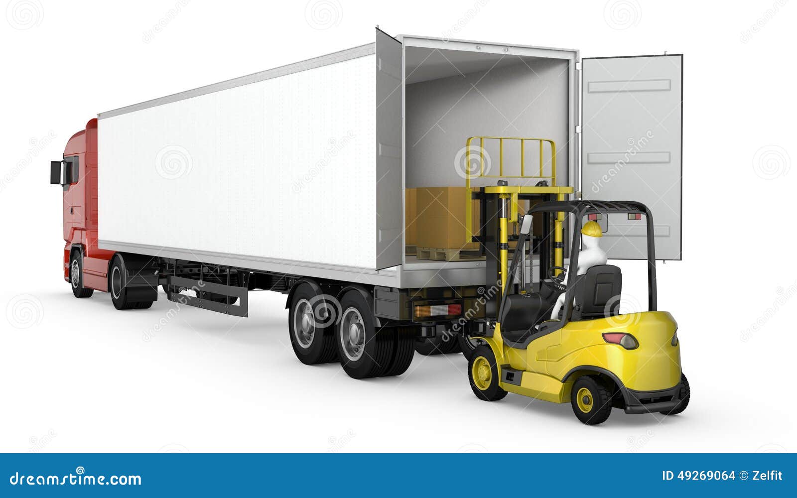 forklift unloads or loads white blank semi-trailer