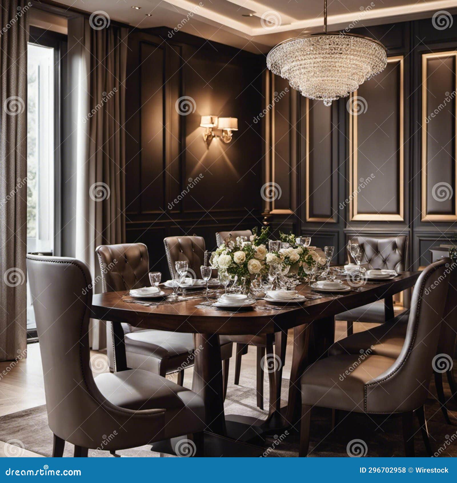 The Formal Dining Table is Set with Wine Glasses and Candles Stock