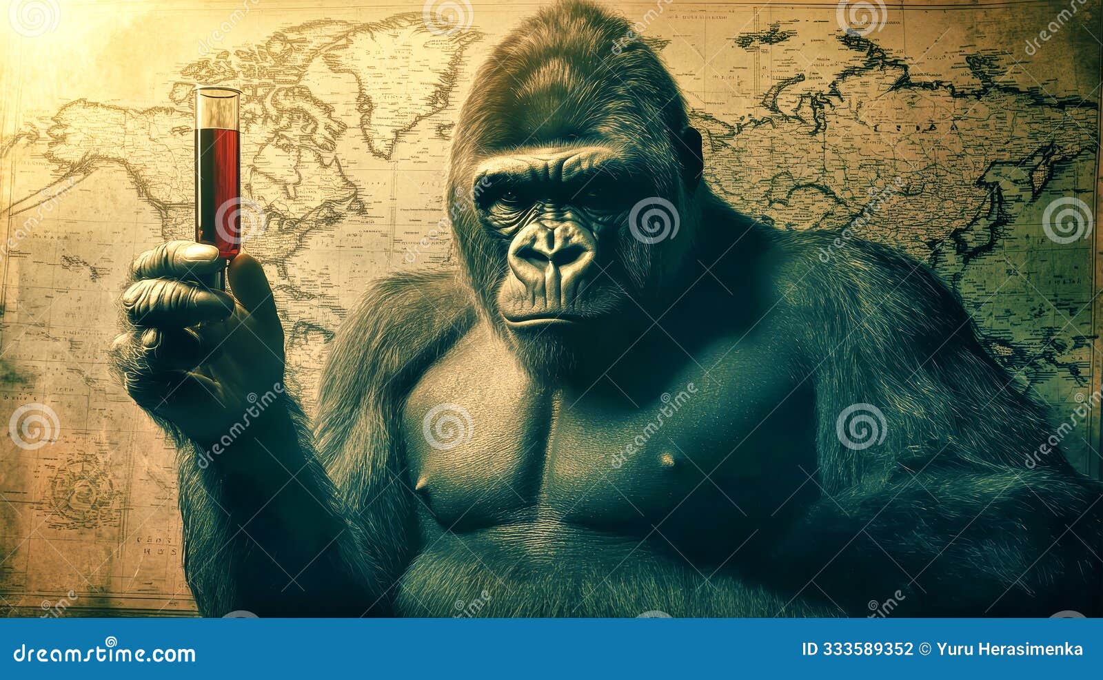 a formidable gorilla holds a test tube with red liquid, izing the urgency of health crises against a backdrop of a world map