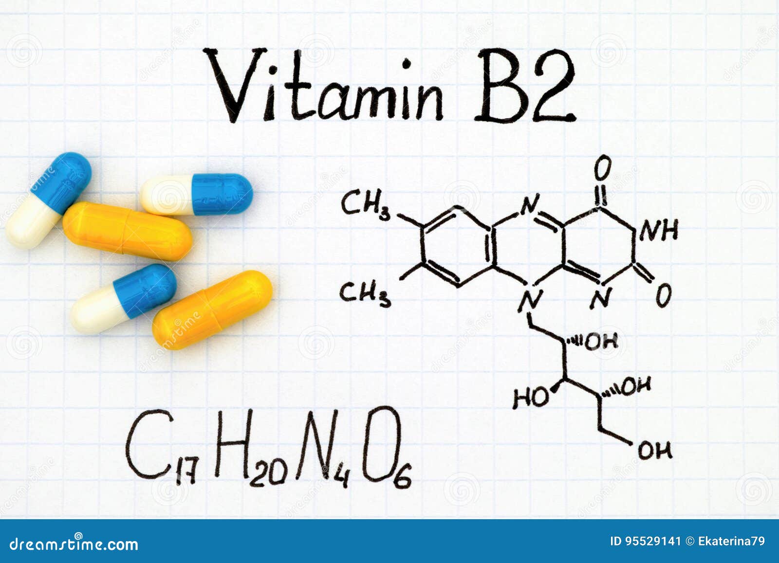 Formule Chimique De La Vitamine B2 Et Des Pilules Image stock Image